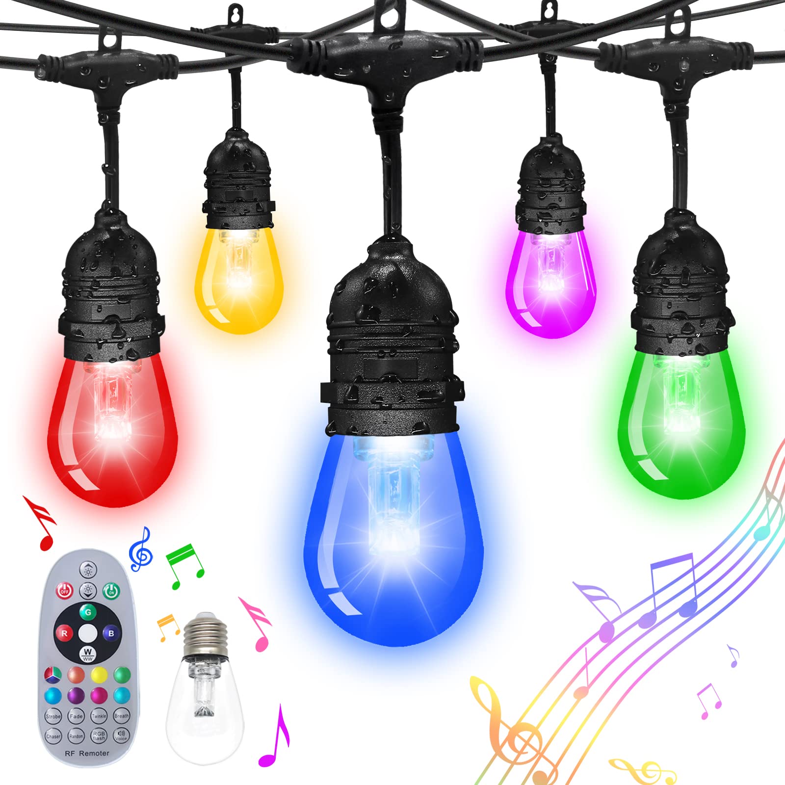 48FT Outdoor Color Changing String Lights - 15 RGBW Bulbs, Weatherproof & Shatterproof, 12V Low Voltage with Remote Control - Perfect for Patio, Garden, Backyard, and Party Decorations