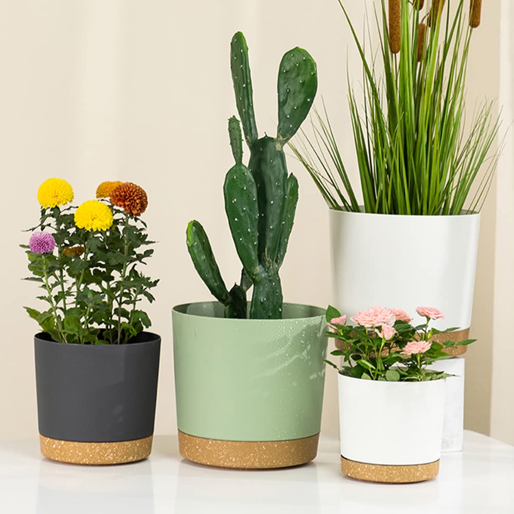 ZMTECH 8'' Self Watering Plant Pots Set of 3 - Modern Plastic Planters with Drainage Hole & Saucer for Indoor Outdoor Plants, Succulents, Flowers - Dark Gray Decorative Flower Pots for Home, Office, Garden & Balcony