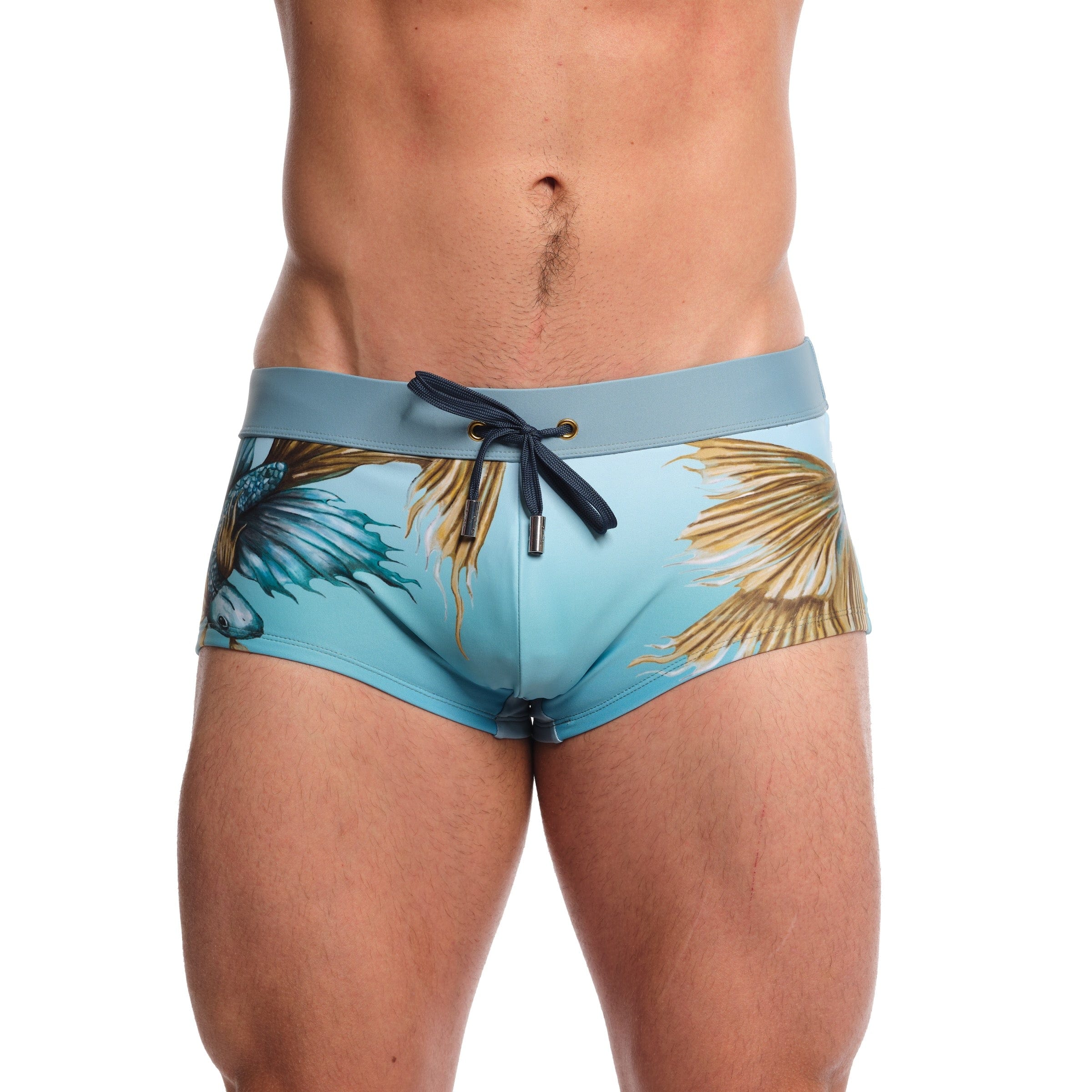 Premium Blue Swim Trunks for Men - Quick Dry Fighting Fish Design Beach Shorts for Swimming, Surfing & Summer Vacations