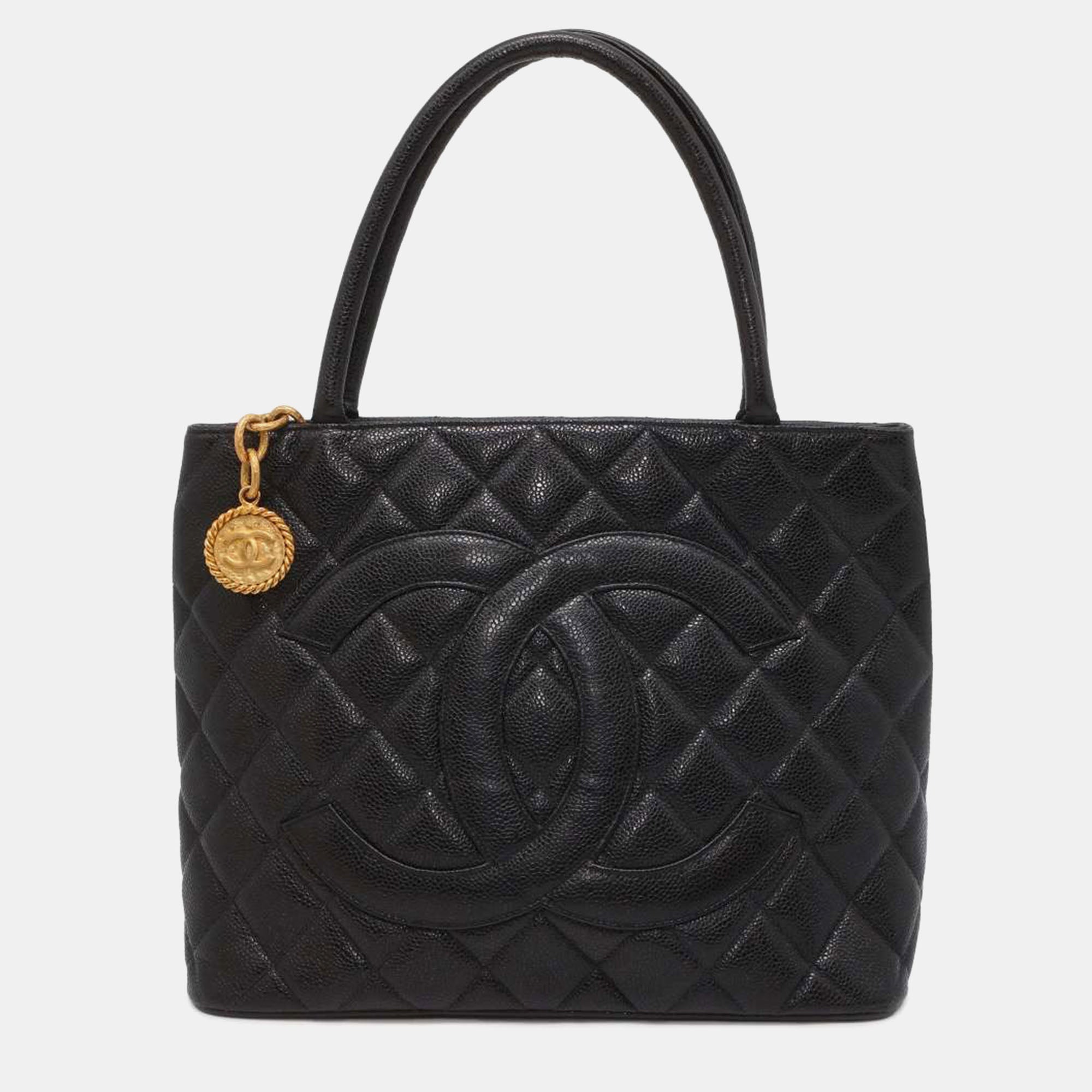 Luxury Black Caviar Leather Medallion Tote Bag for Women - Elegant Designer Handbag for Work, Travel & Everyday Use