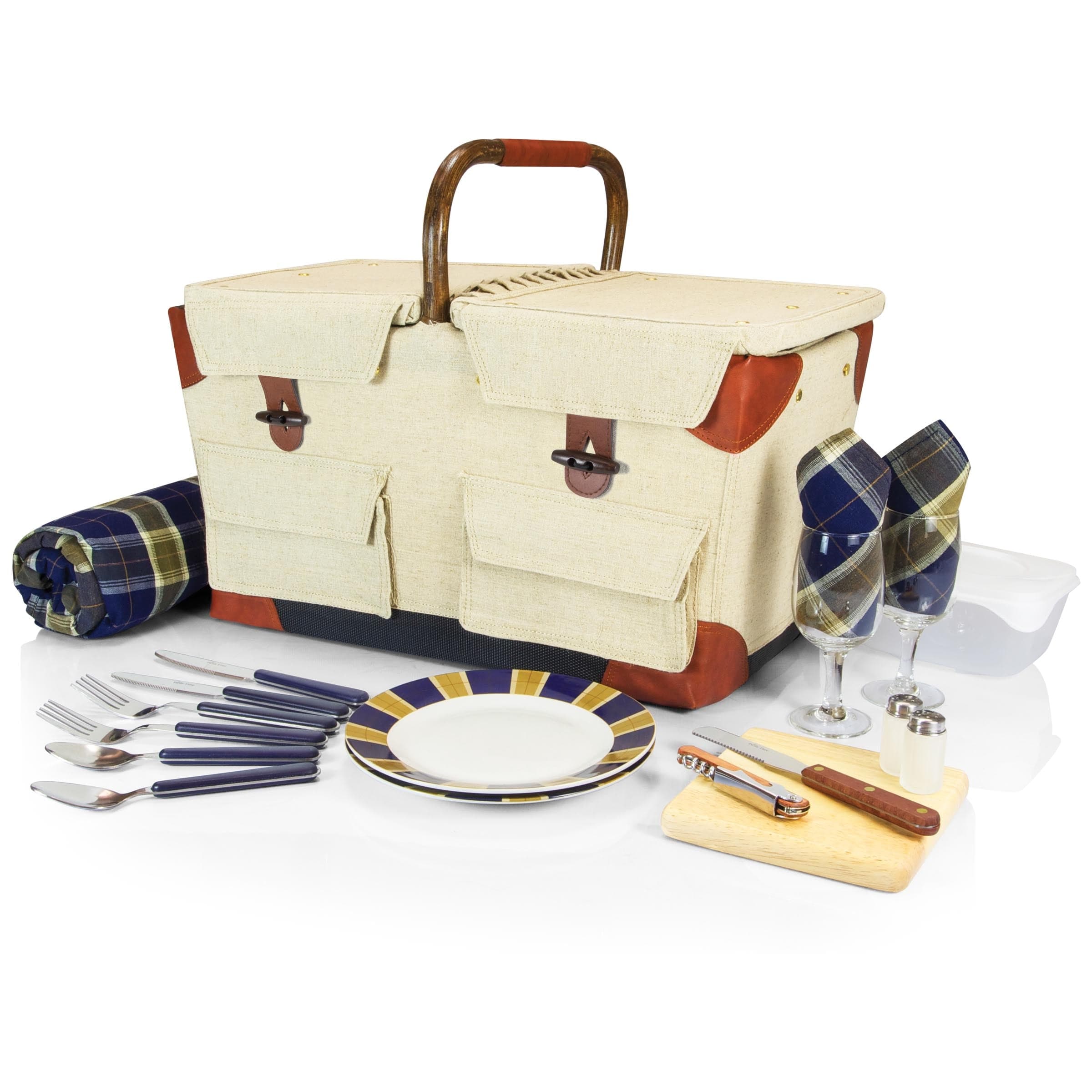 Picnic Time Pioneer Basket - Insulated Picnic Basket for 2 with Plates, Utensils & Wine Holder - Perfect for Outdoor Dining, Beach Picnics & Romantic Dates