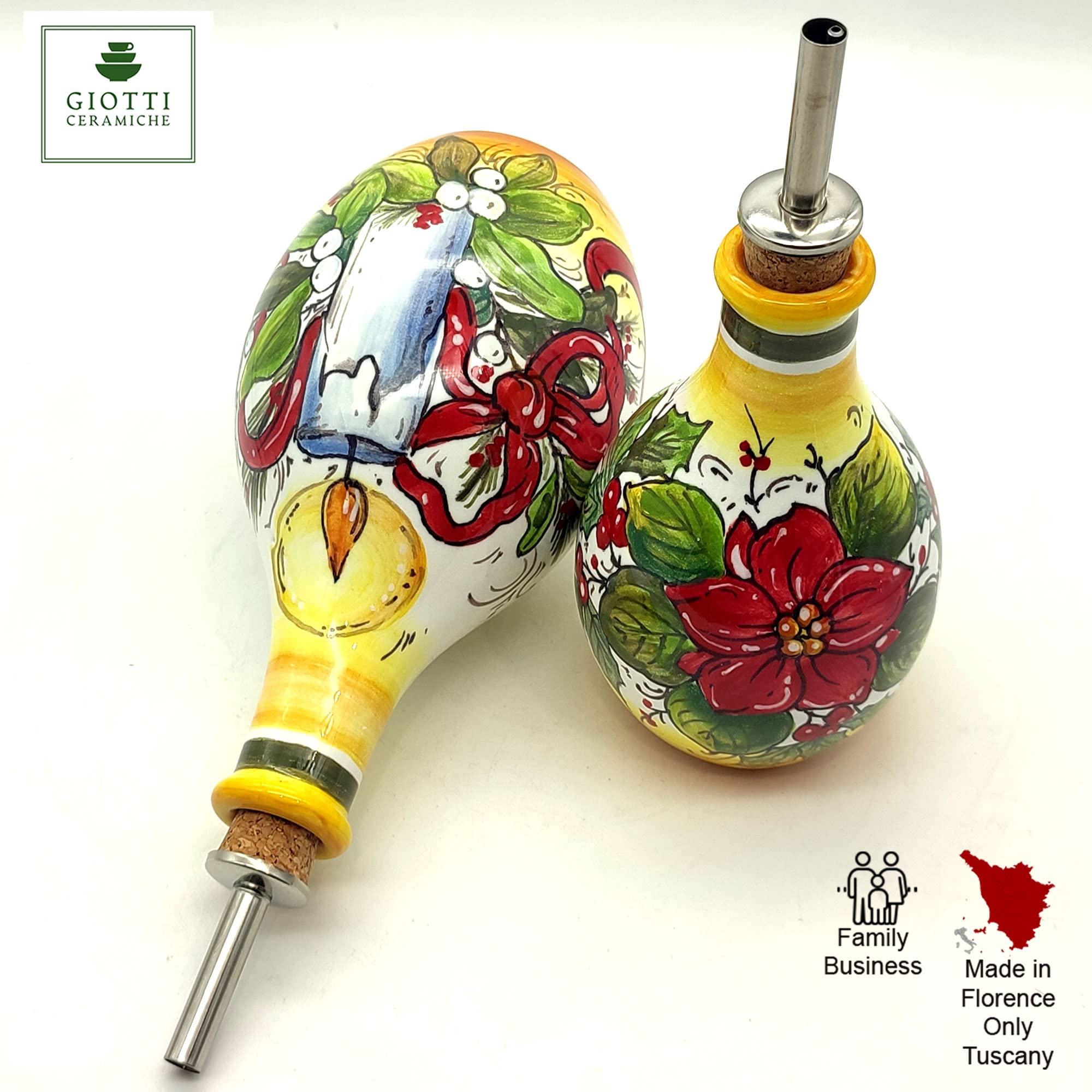 Italian Hand-Painted Ceramic Oil and Vinegar Dispenser Set - Tuscan Christmas Design Kitchen Decor - Made in Italy - Perfect for Gifting & Holiday Dining