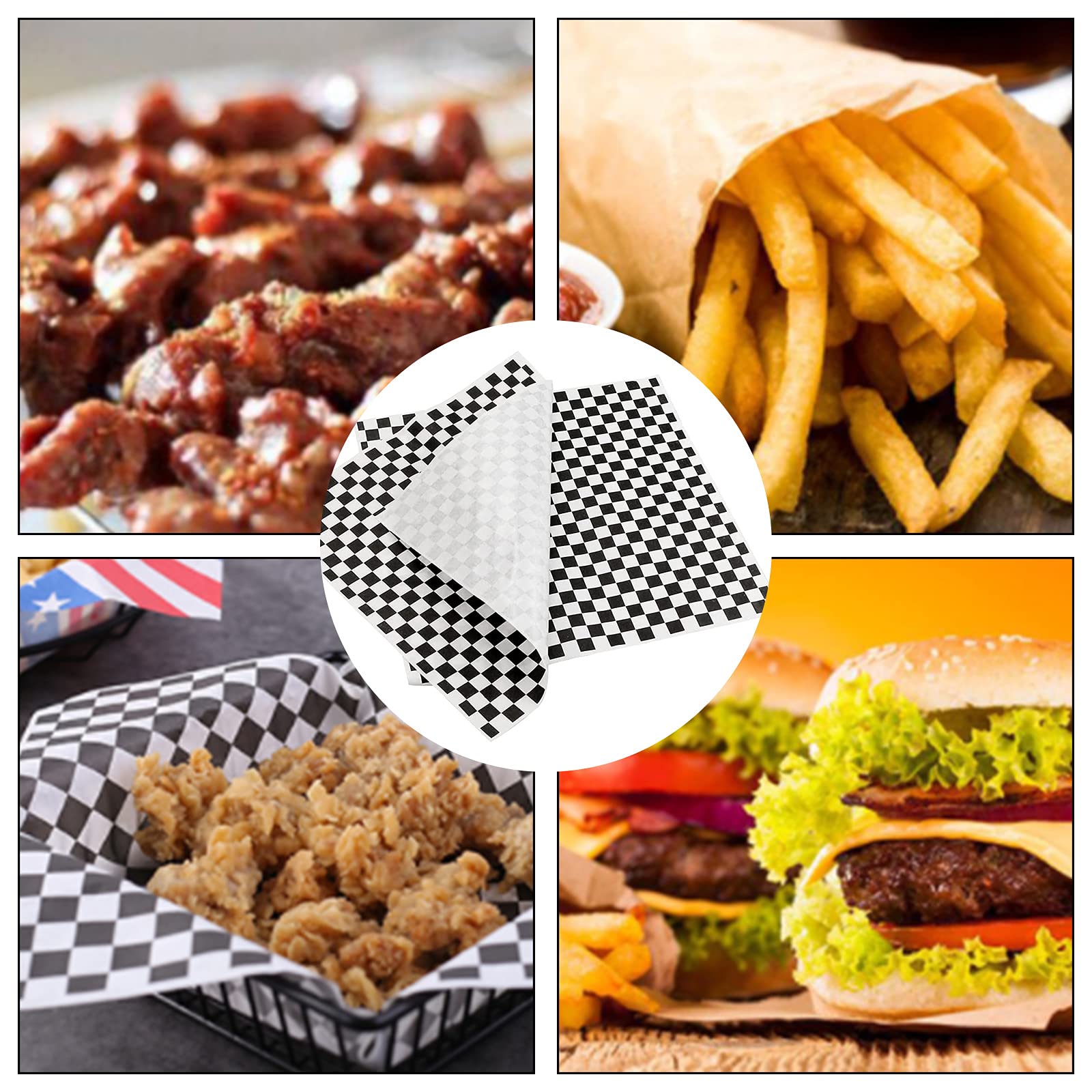 Premium Food Wrapping Tissue Paper - 200pcs Black Plaid Deli Paper, Greaseproof & Wax Paper for Bread, French Fries, Sandwiches - 11.81x11.81 Inches - Ideal for Restaurants, Bakeries, Food Trucks & Home Kitchen Use