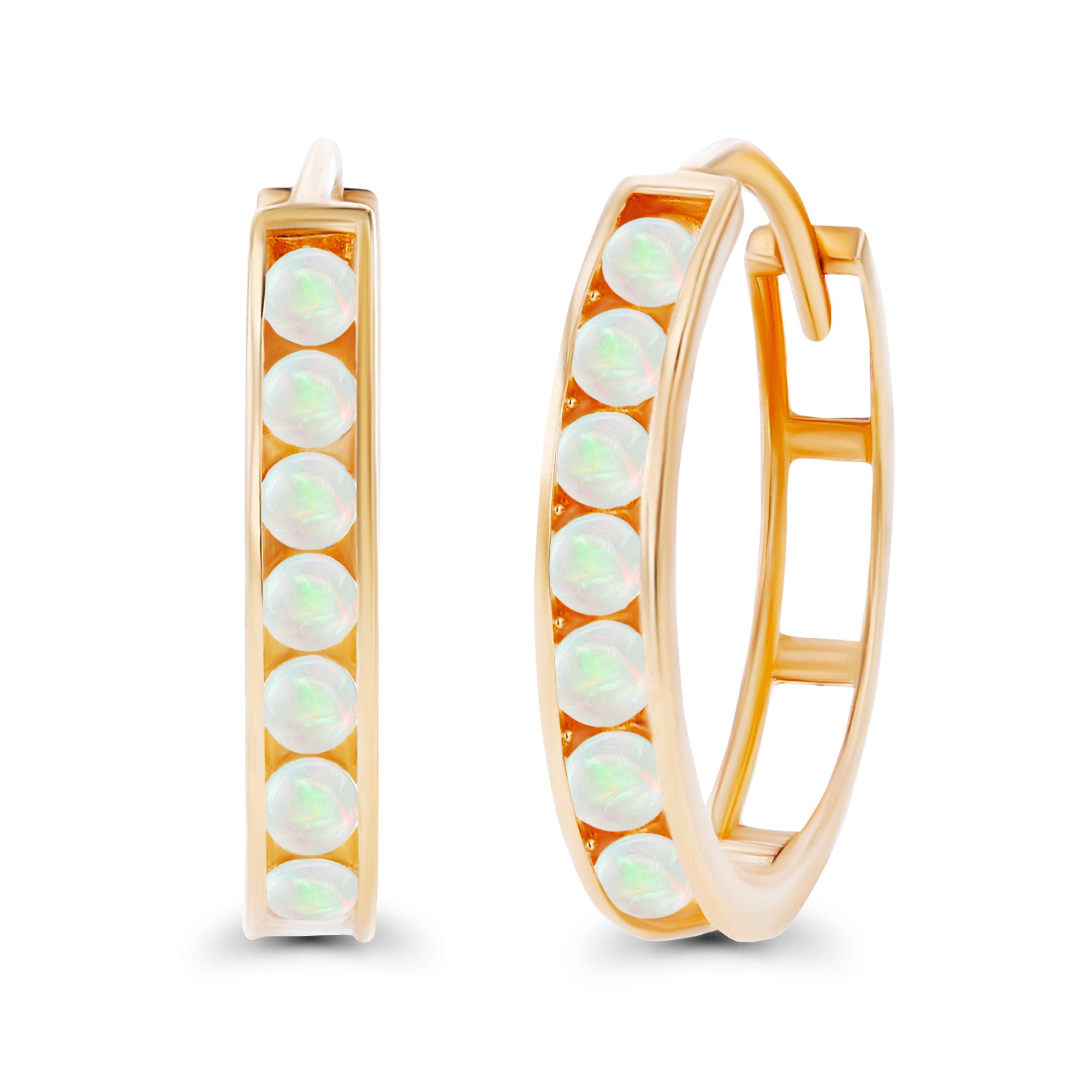 14K Solid Gold 3x17mm Genuine Birthstone Huggie Hoop Earrings for Women | Round 3mm Natural/Created Gemstone Channel Set | Perfect for Everyday Wear, Gifts & Special Occasions