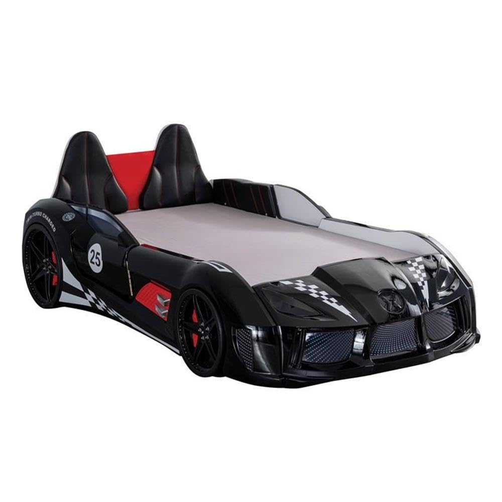 Furniture of America Sonet Plastic Twin Race Black Car Bed with LED Lights - Fun Kids Bedroom Decor for Boys & Girls, Perfect for Themed Rooms & Play Areas