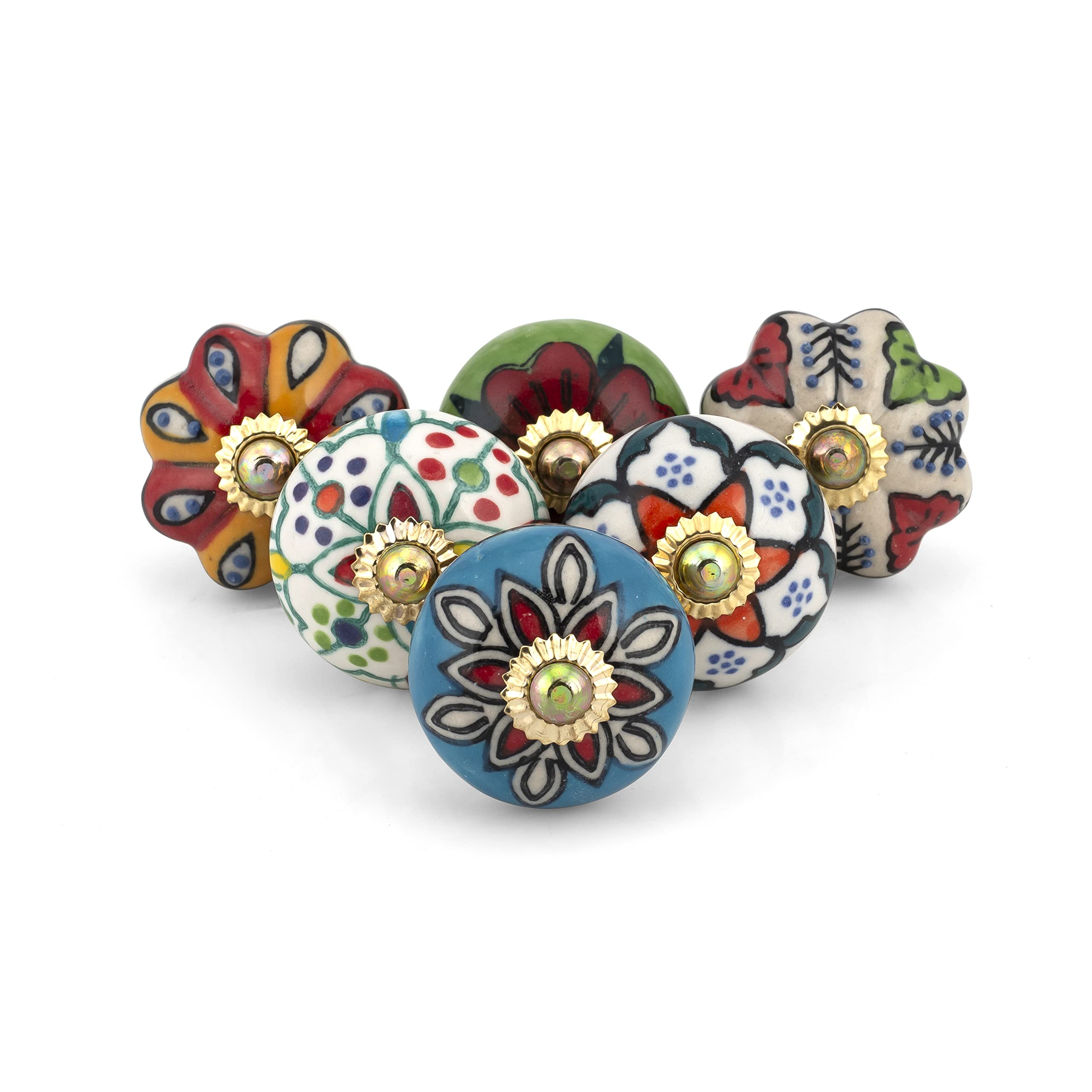 Vintage Ceramic Cabinet Knobs - Colorful Decorative Drawer Pulls for Dresser, Kitchen Cupboard & Wardrobe - Durable Furniture Hardware - Assorted Multicolor - Pack of 6 (Perfect for Home Renovation & DIY Furniture Upgrade)