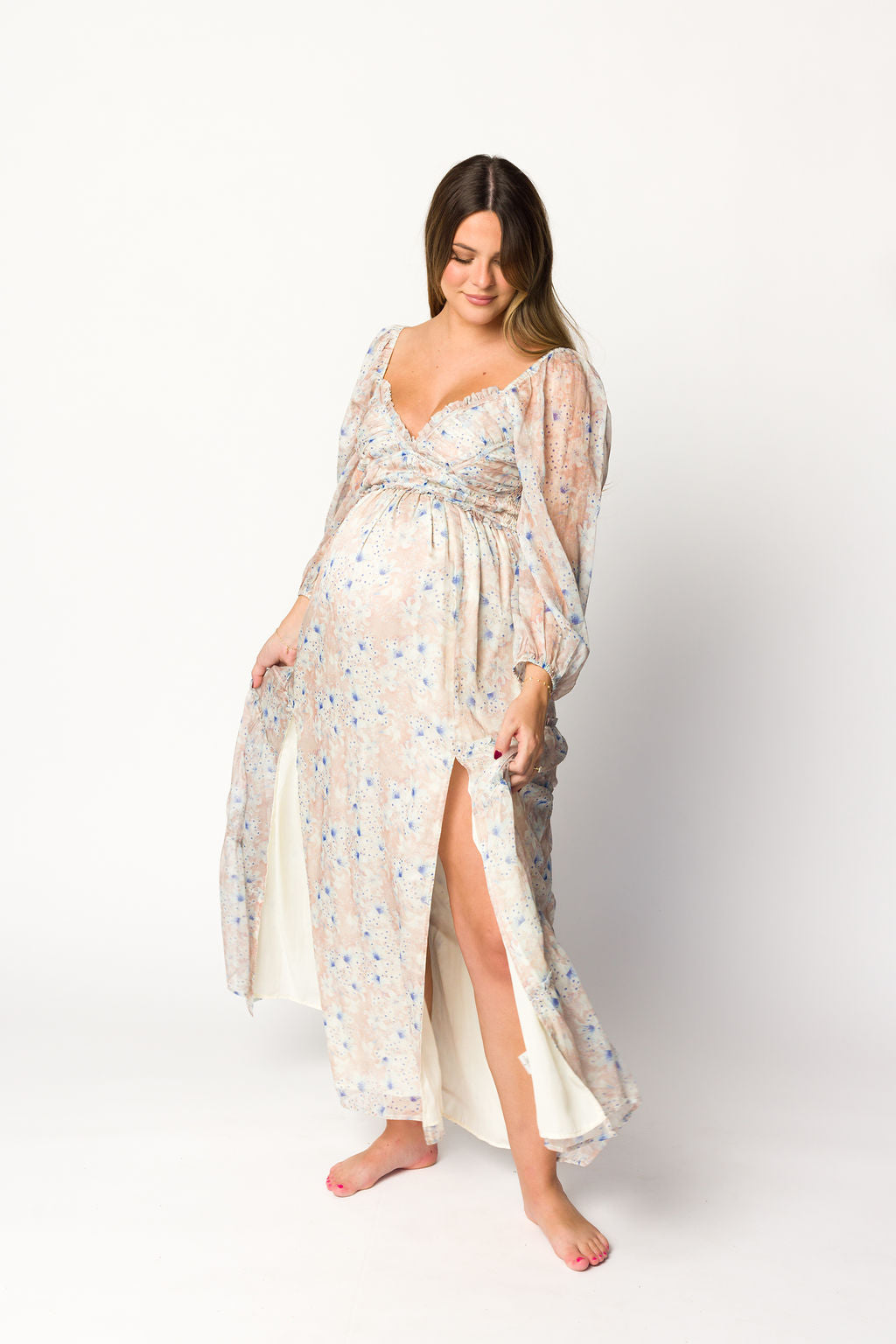 Bump Friendly Daphne Long Sleeve Maxi Dress - Floral Maternity Dress in Beige & Blue, Inclusive Sizing XS to 3XL | Perfect for Pregnancy, Nursing, and Special Occasions