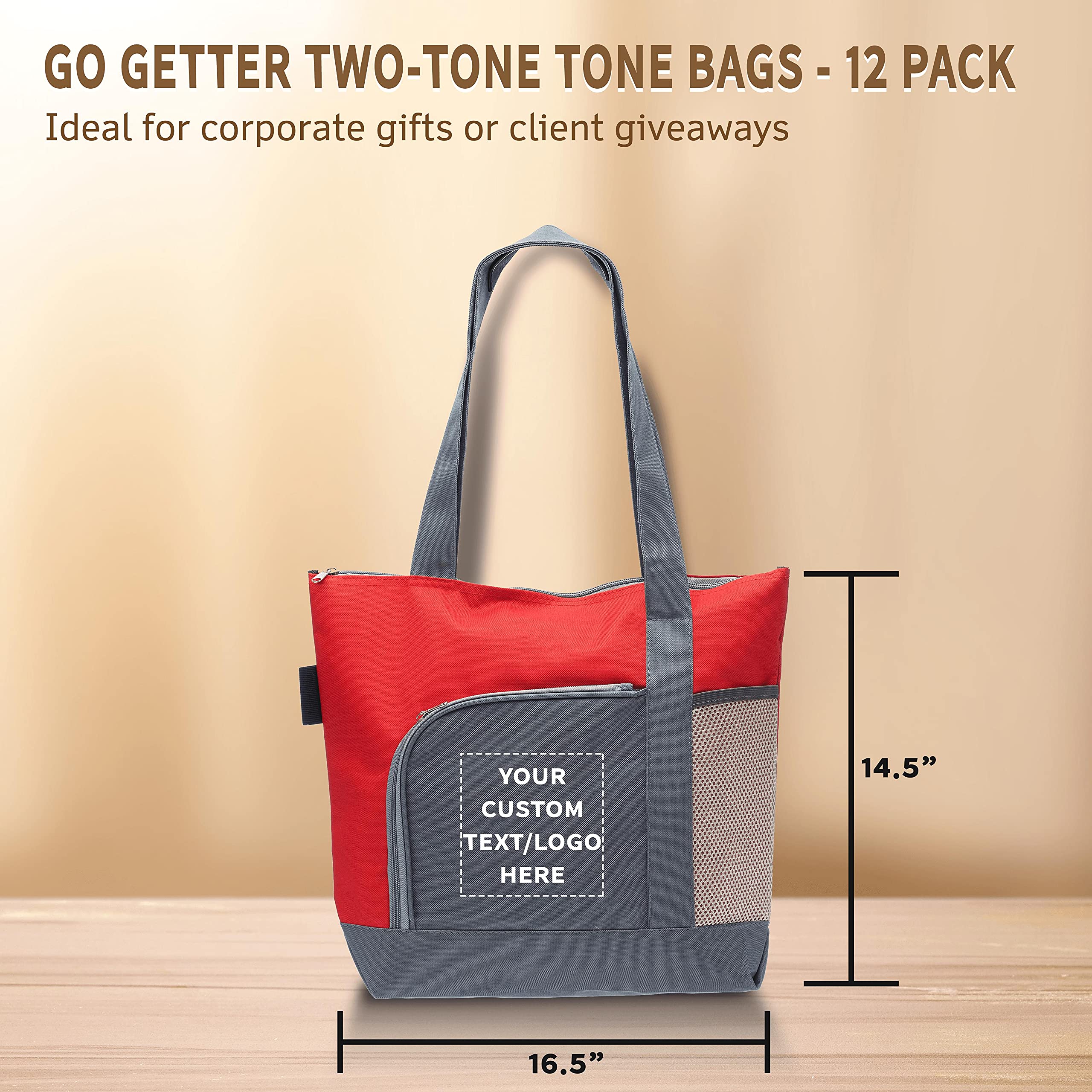 Custom Go Getter Sport Tote Beach Bags - Set of 12 Personalized Bulk Pack | Reusable Shopping Bags for Beach, Picnic & Outdoor Adventures | Premium Red Tote Bags for Women & Men | Perfect for Groceries, Travel & Sports Events