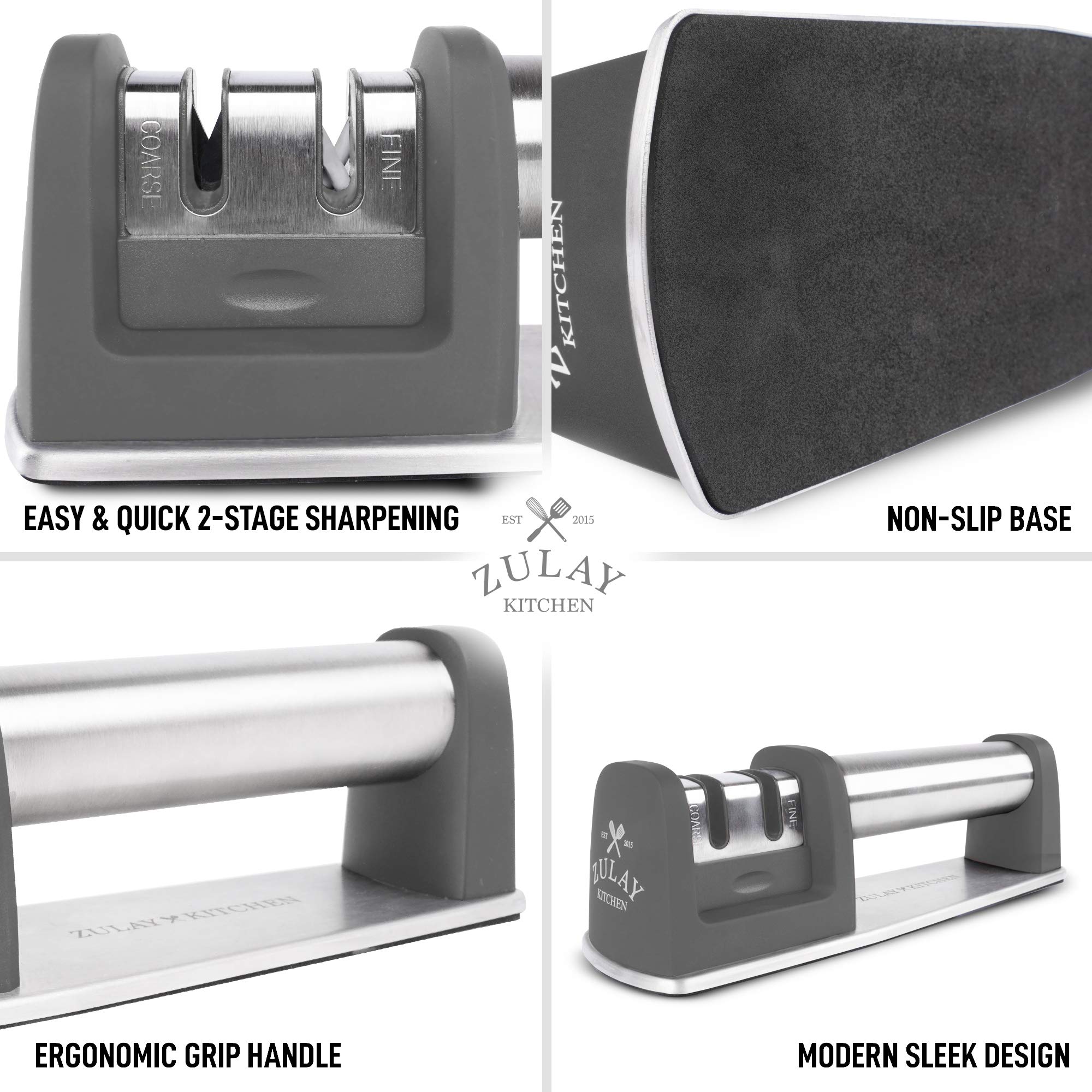 Premium Knife Sharpener for Straight & Serrated Knives - Stainless Steel, Ceramic & Tungsten Manual Sharpener - Ideal for Chef, Paring & Pocket Knives - Perfect for Kitchen, Camping & Outdoor Use - Gray