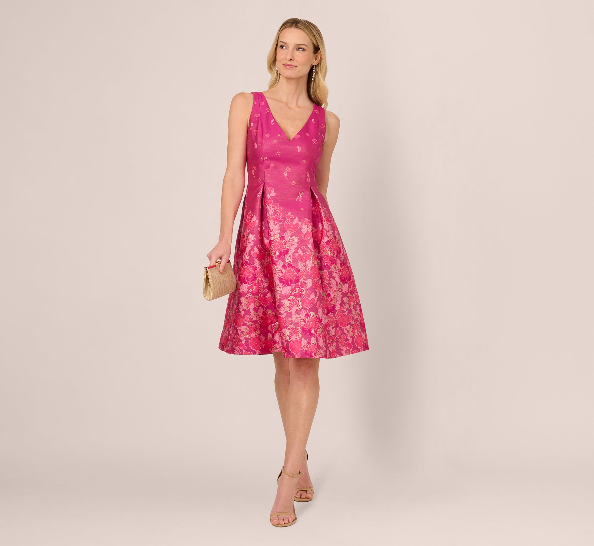 Floral Jacquard V-Neck Midi Dress in Pink & Multi - Perfect for Summer Weddings, Garden Parties & Casual Outings