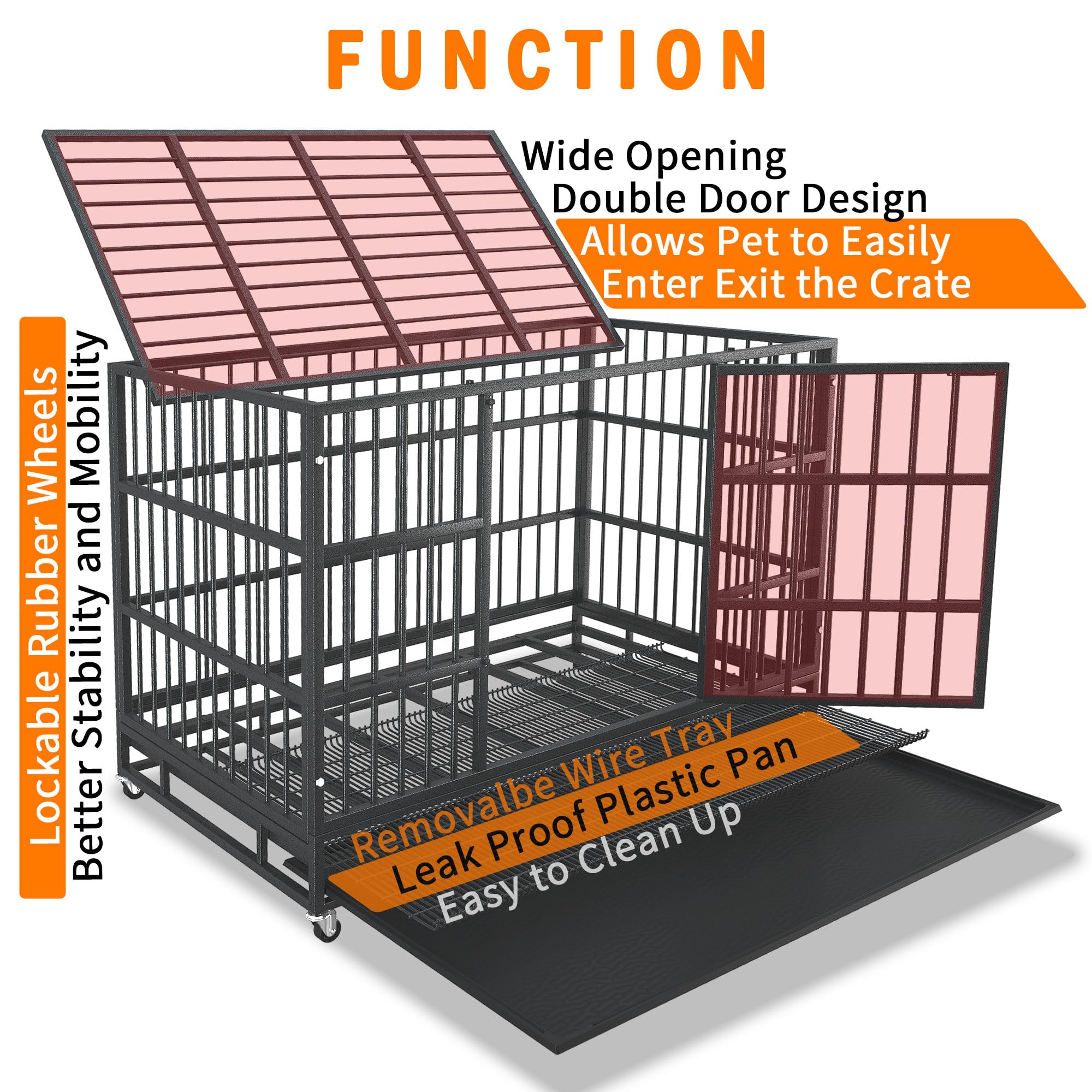 48/42/38 Inch Heavy Duty Dog Crate Cage with Wheels - Indestructible & Escape Proof Steel Kennel for Large Dogs - XL XXL Extra Large Pet Crate with Double Door, Sturdy Locks & Removable Tray - Perfect for Indoor Use, Travel & High Anxiety Dogs (Ideal for Home, Vet Visits & Car Trips)