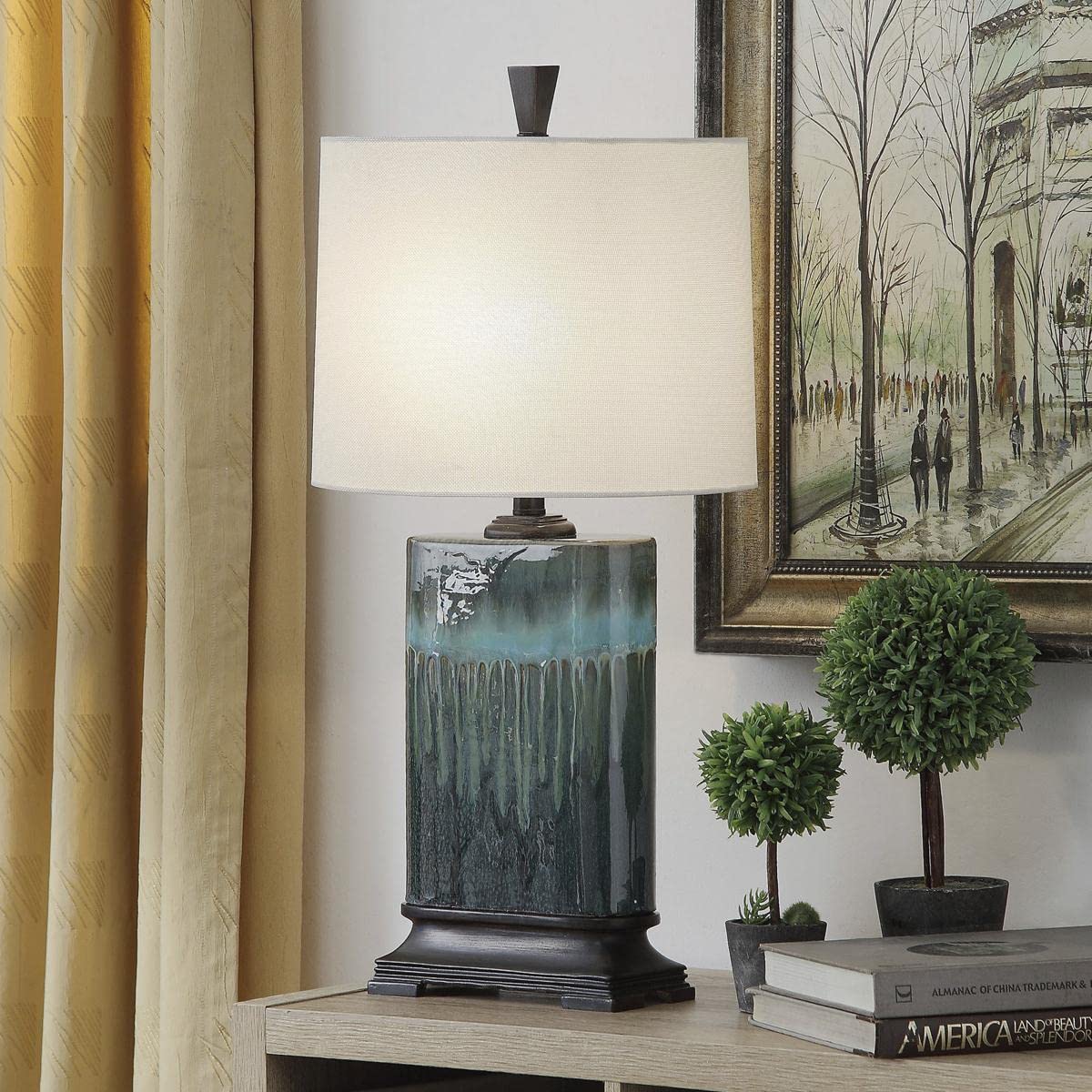 Carolina Blue Table Lamp with Oatmeal Fabric Shade - Modern Bedside Lighting for Bedroom, Living Room & Office Decor