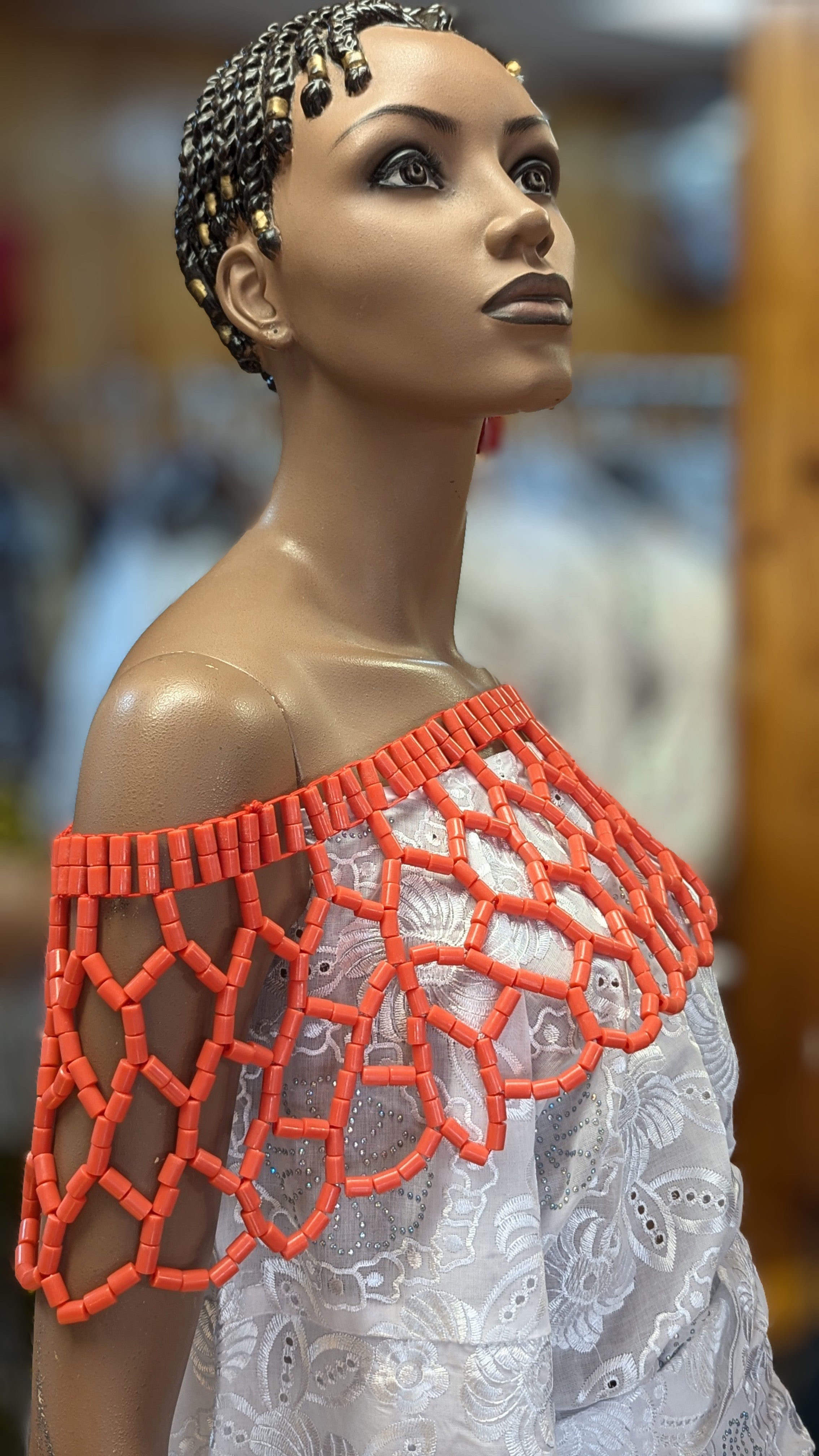 African Coral Red Igbo Edo Sheer Bead Shoulder Shrug Crop Top Blouse - Elegant Beaded Women's Fashion for Parties, Weddings & Cultural Events