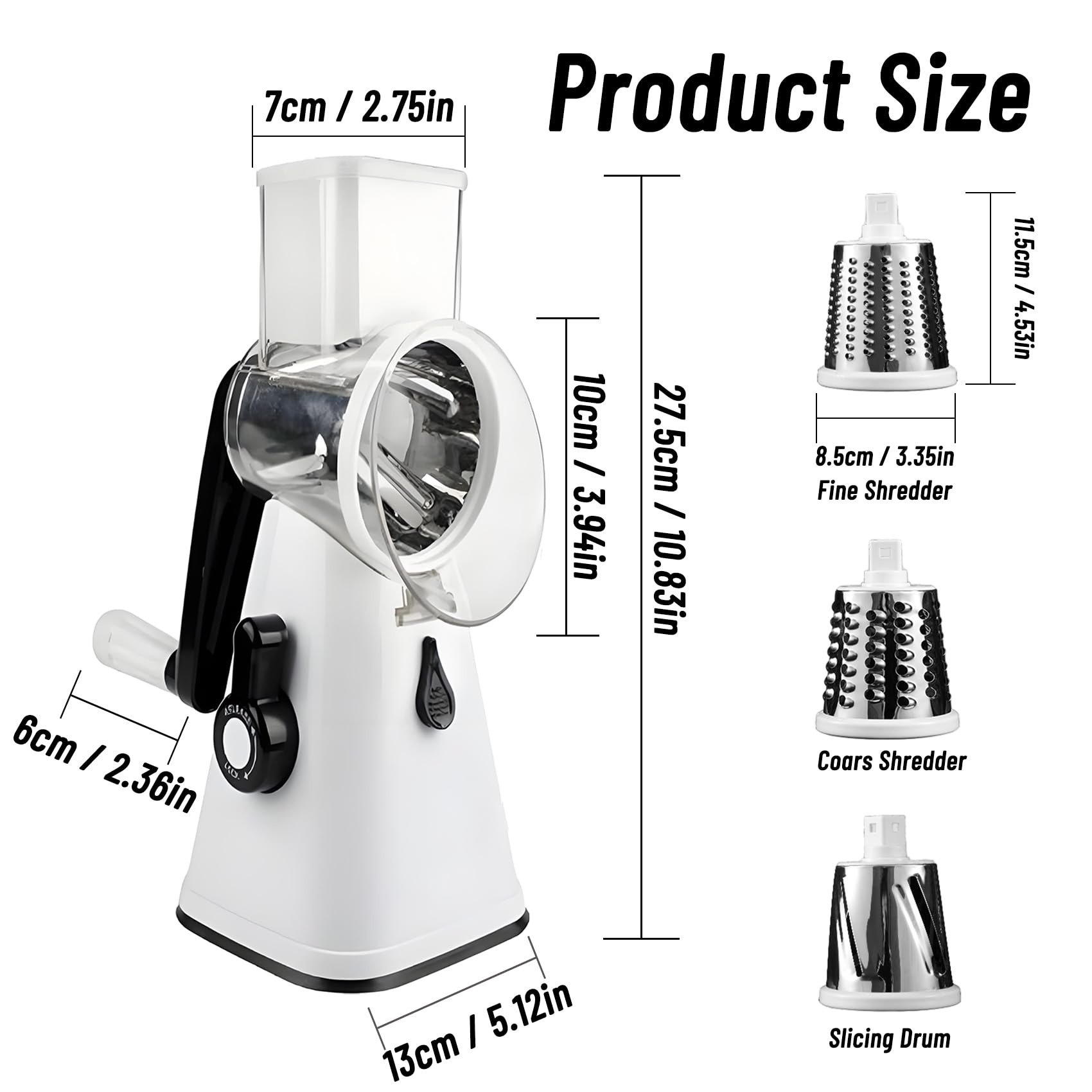 Rotary Cheese Grater with 3 Interchangeable Blades - Manual Speed Round Food Slicer & Nut Grinder with Strong Suction Base - Perfect for Cheese, Vegetables, Walnuts, Chocolate, Potatoes & Carrots (White) - Ideal for Kitchen, Camping & Food Prep