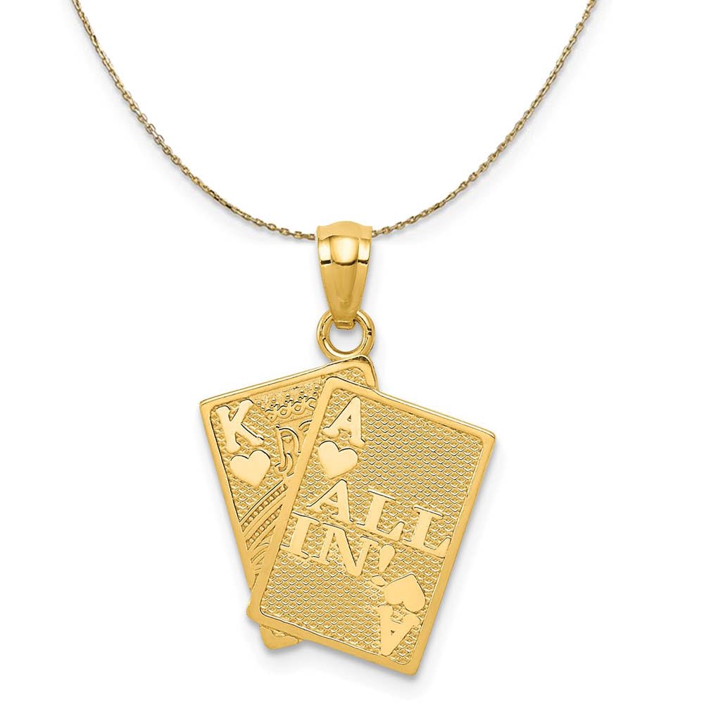 14K Yellow Gold King and Ace Playing Cards Necklace - Elegant Black Bow Pendant for Poker Lovers, Casino Night & Gift Giving