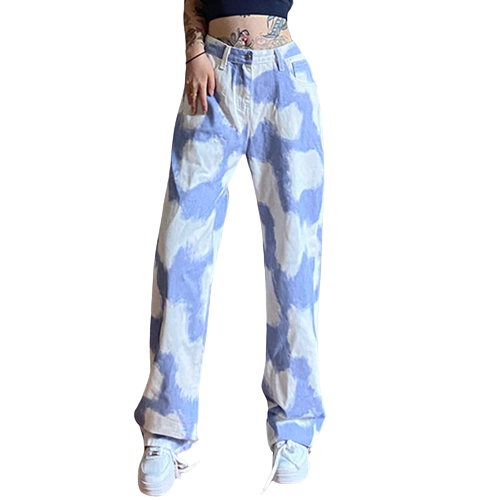 FOMOYUU Women's High Waist Loose Fit Printed Jeans - Y2K Vintage Straight Leg Wide Pants for Streetwear & Casual Outfits | Perfect for Daily Wear, Parties & Fashion Photoshoots