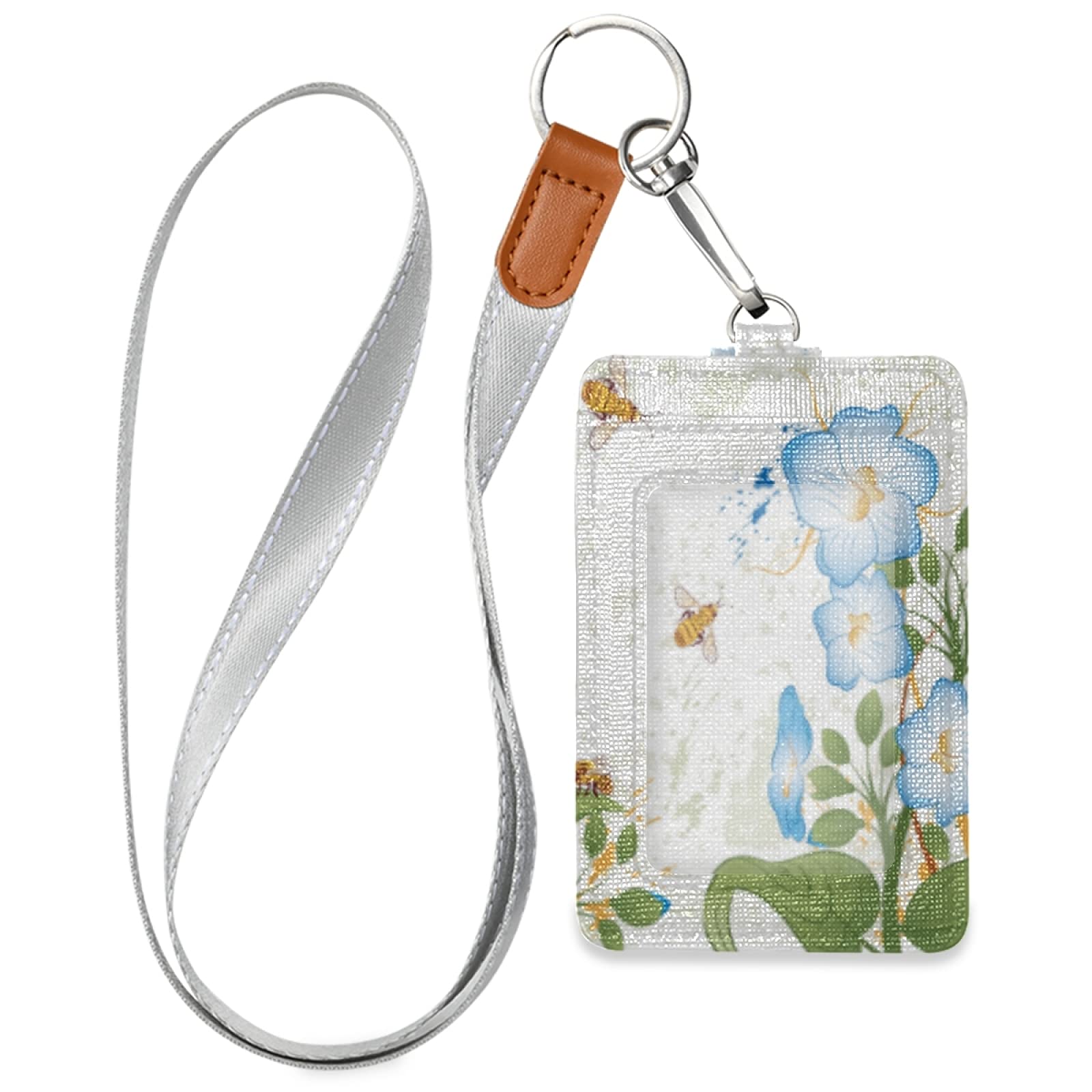 Floral Bee Leather ID Badge Holder with Lanyard - Office & School Staff Use