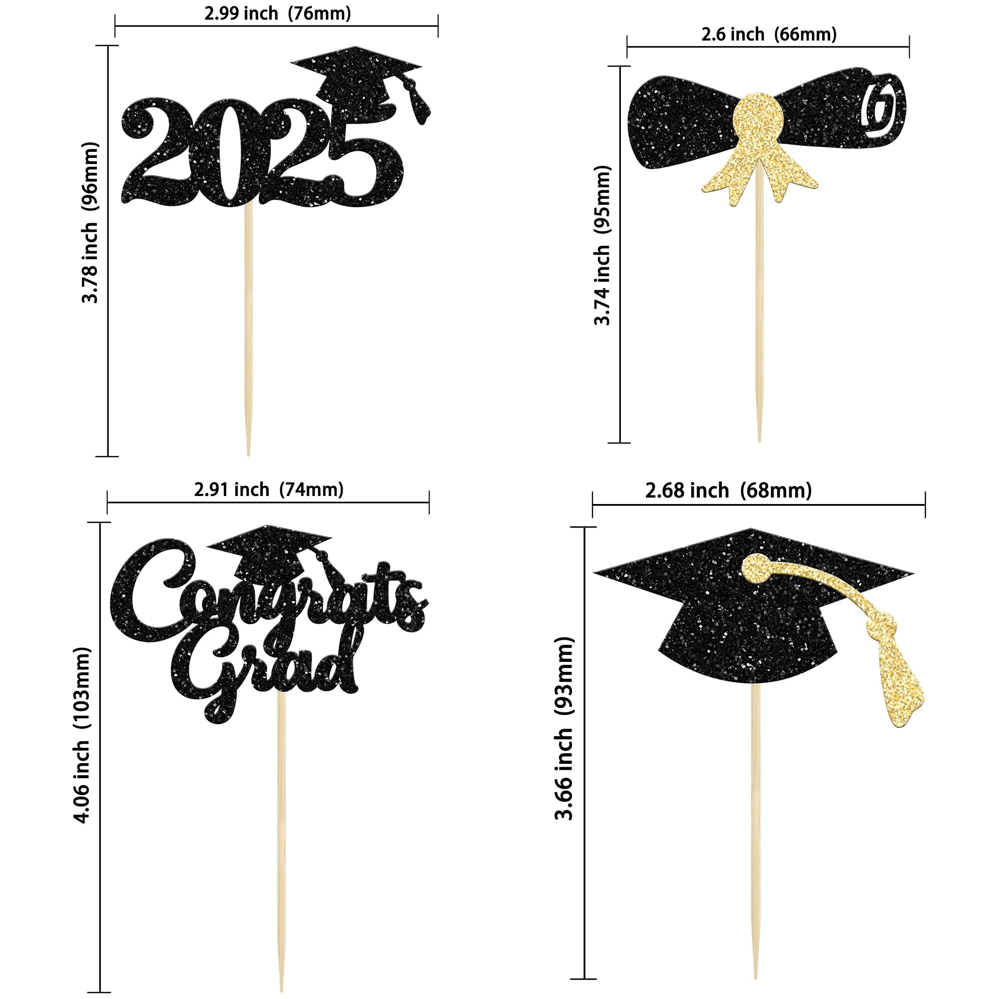 24Pcs Class of 2025 Graduation Cupcake Toppers - Gold Glitter Graduation Cap & Diploma Cake Decorations for 2025 Graduation Party, Birthday, School Celebrations