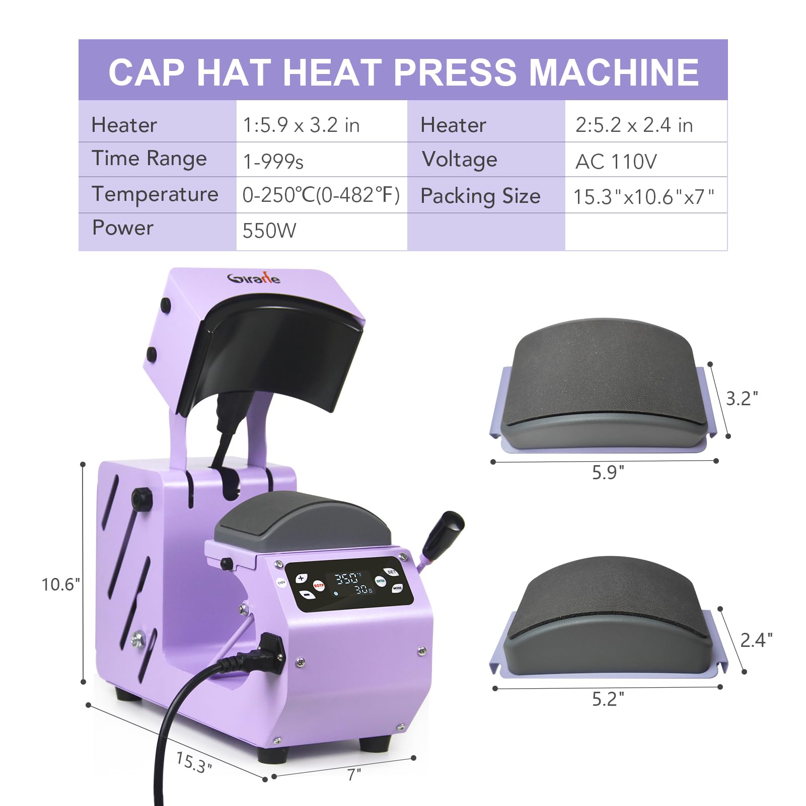 Giraffe Auto Hat Heat Press Machine for Caps, Hats, T-Shirts & Bags - Automatic Open/Release with Digital Control Panel - DIY Sublimation Printing for Custom Apparel & Promotional Products (Purple) - Perfect for Small Businesses, Crafters & Home Use