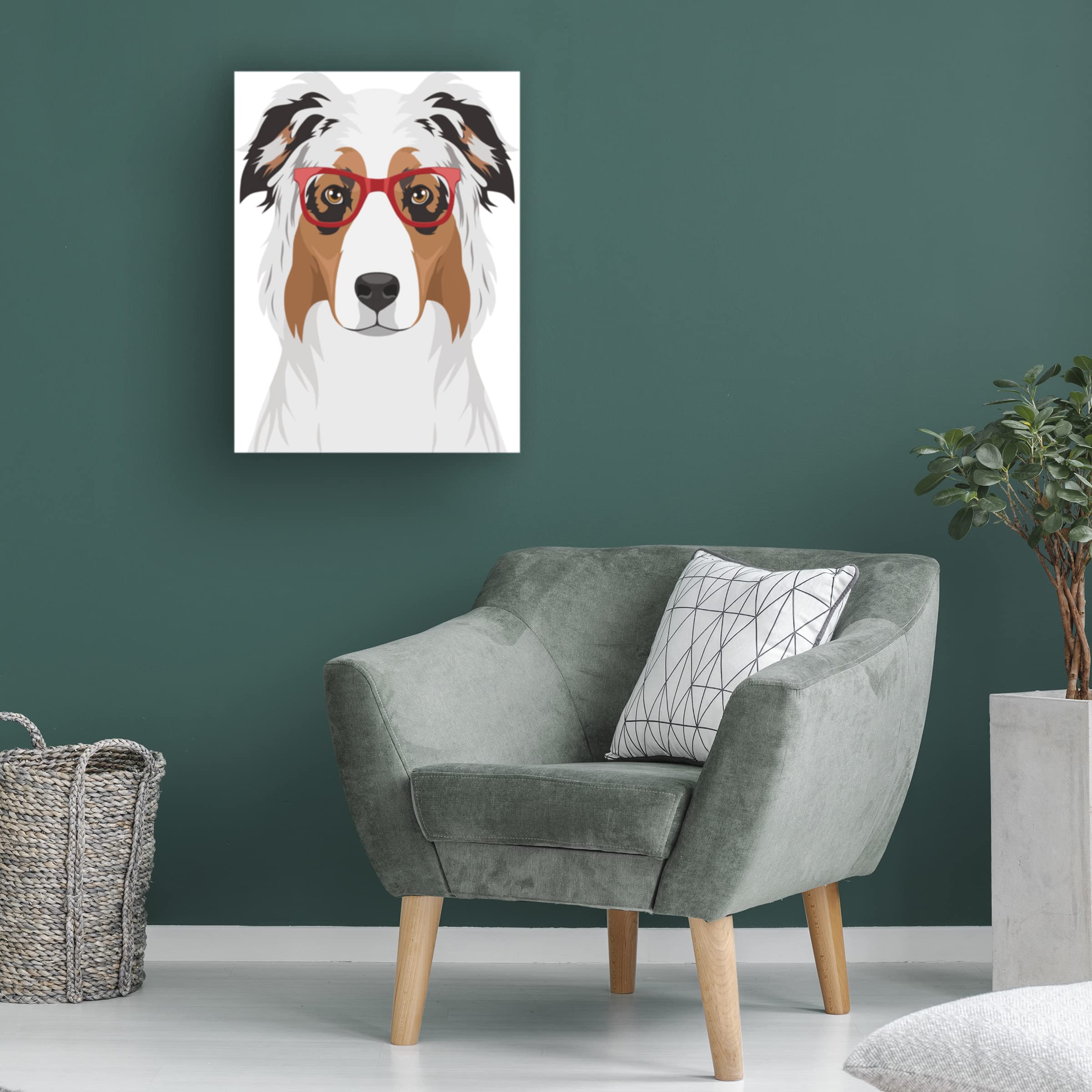 Australian Shepherd Wearing Hipster Glasses Canvas Wall Art - Premium Trademark Fine Art Print by Furbaby Affiliates - Perfect for Living Room, Bedroom Decor & Pet Lover Gifts