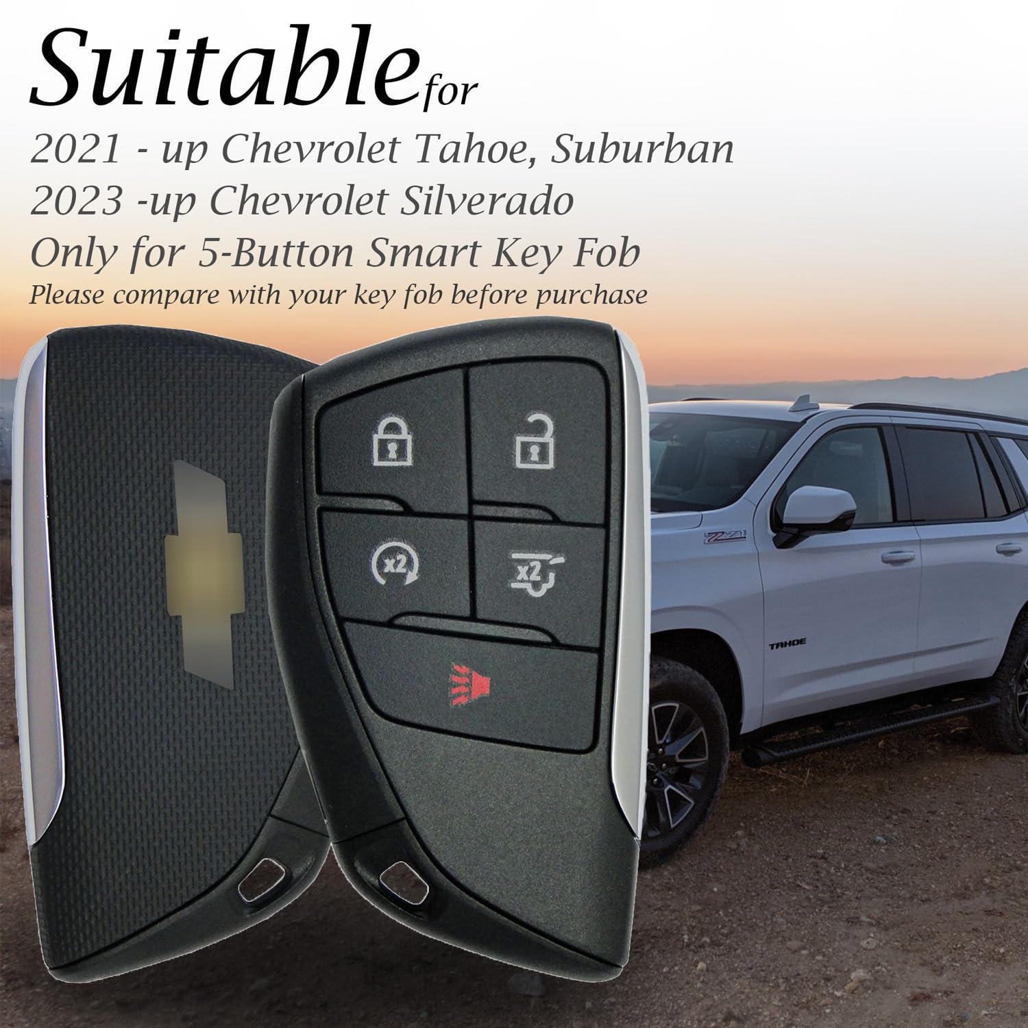 Genuine Leather Smart Key Fob Case with Key Strap - Compatible with Chevrolet Suburban & Tahoe 2025, Silverado 2025 (5-Button, Black) | Premium Protection for Car Keys | Perfect for Daily Use & Travel