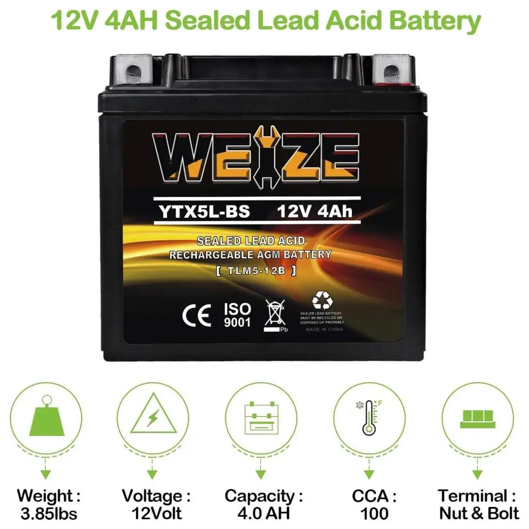 WEIZE YTX5L-BS 12V 4Ah AGM Sealed Motorcycle Battery - Maintenance Free, High Performance, Compatible with Honda, YUASA, Yamaha ETX5L-BS Batteries - Perfect for ATVs, Scooters, and Powersports Vehicles