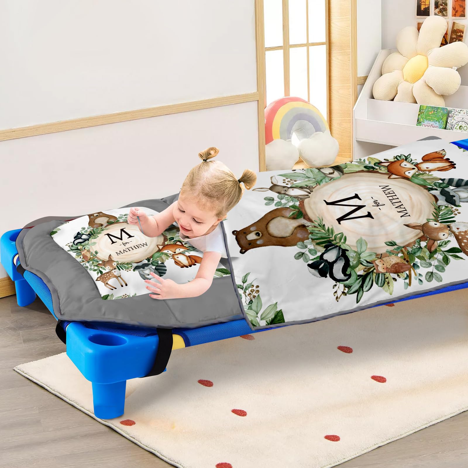 Personalized Toddler Nap Mat with Name & Animal Designs - Flannel Blanket & Removable Pillow for Boys & Girls - Perfect for Preschool, Daycare & Travel Sleeping