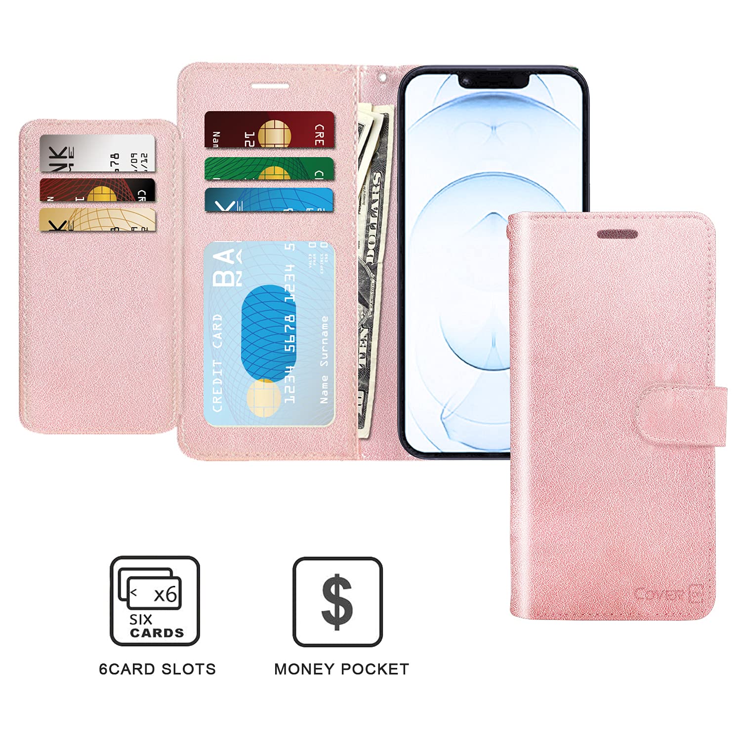 Premium Leather Wallet Case for Apple iPhone 13 Pro Max - RFID Blocking Flip Folio Stand Cover with Card Slots (Rose Gold) | Perfect for Business Travel, Daily Commute & Hands-Free Viewing