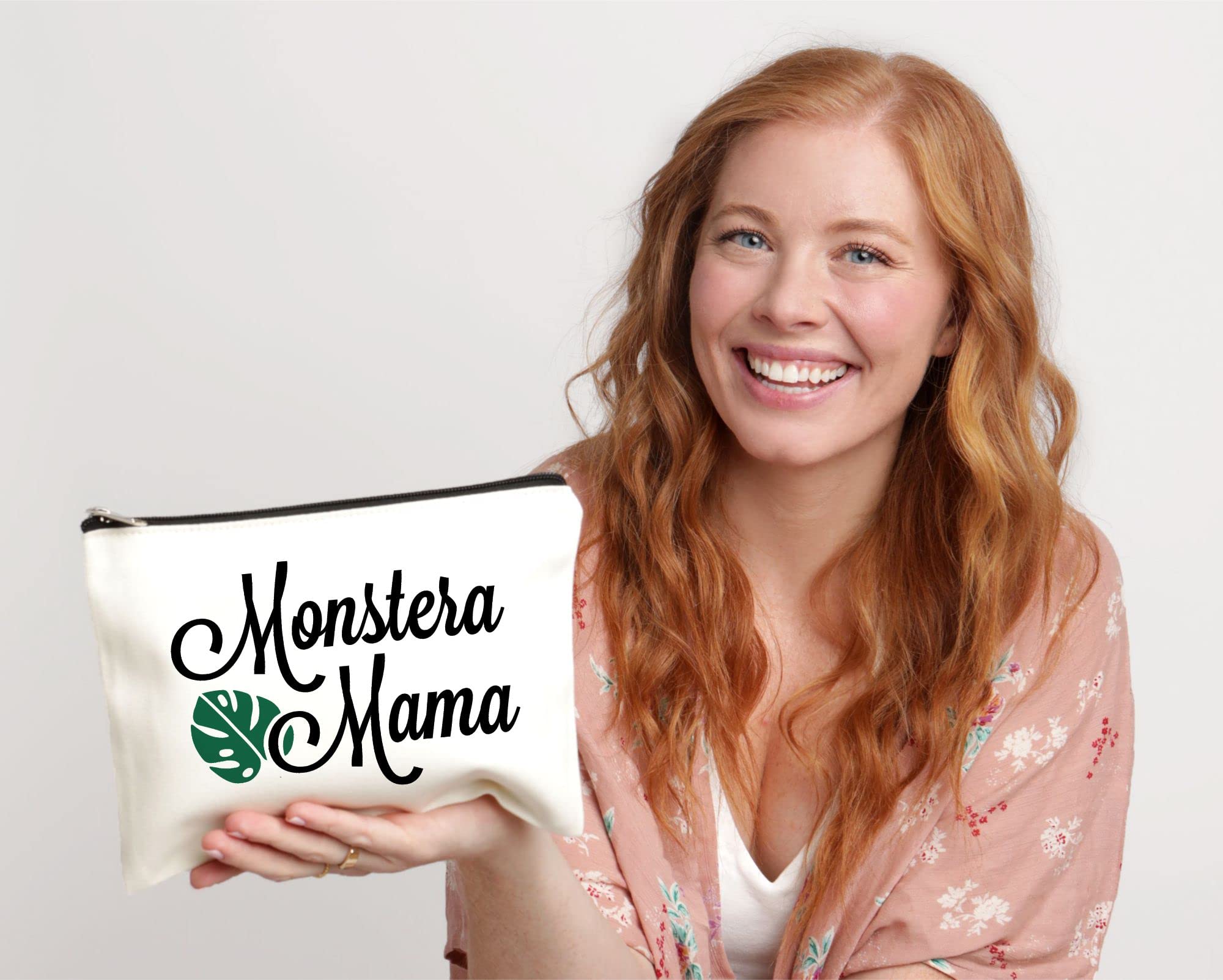 Moonwake Designs Monstera Mama Makeup Bag - Beige Cotton Canvas Cosmetic Pouch for Women, Plant Lover Gift Idea - Perfect for Travel, Gym & Daily Essentials Organization