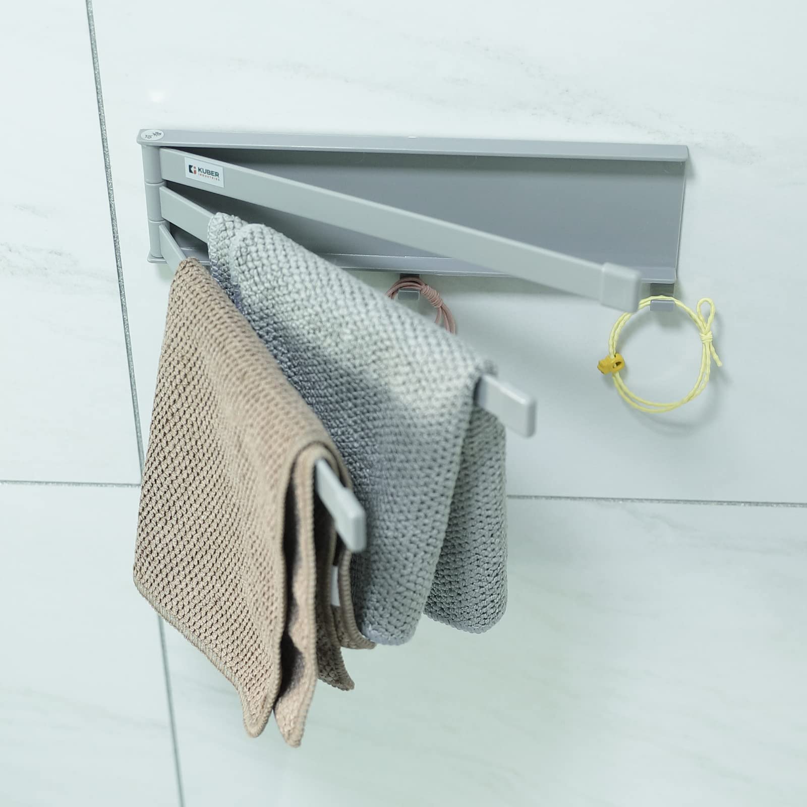 Kuber Industries 3-Pack 180 Degree Rotating Towel Holder Set - Self-Adhesive PP Bars for DIY Installation | Multi-Purpose Bathroom & Kitchen Organization | Minimalist Home Accessories (Grey, A3027) | Perfect for Small Spaces, Apartments and Dorm Rooms