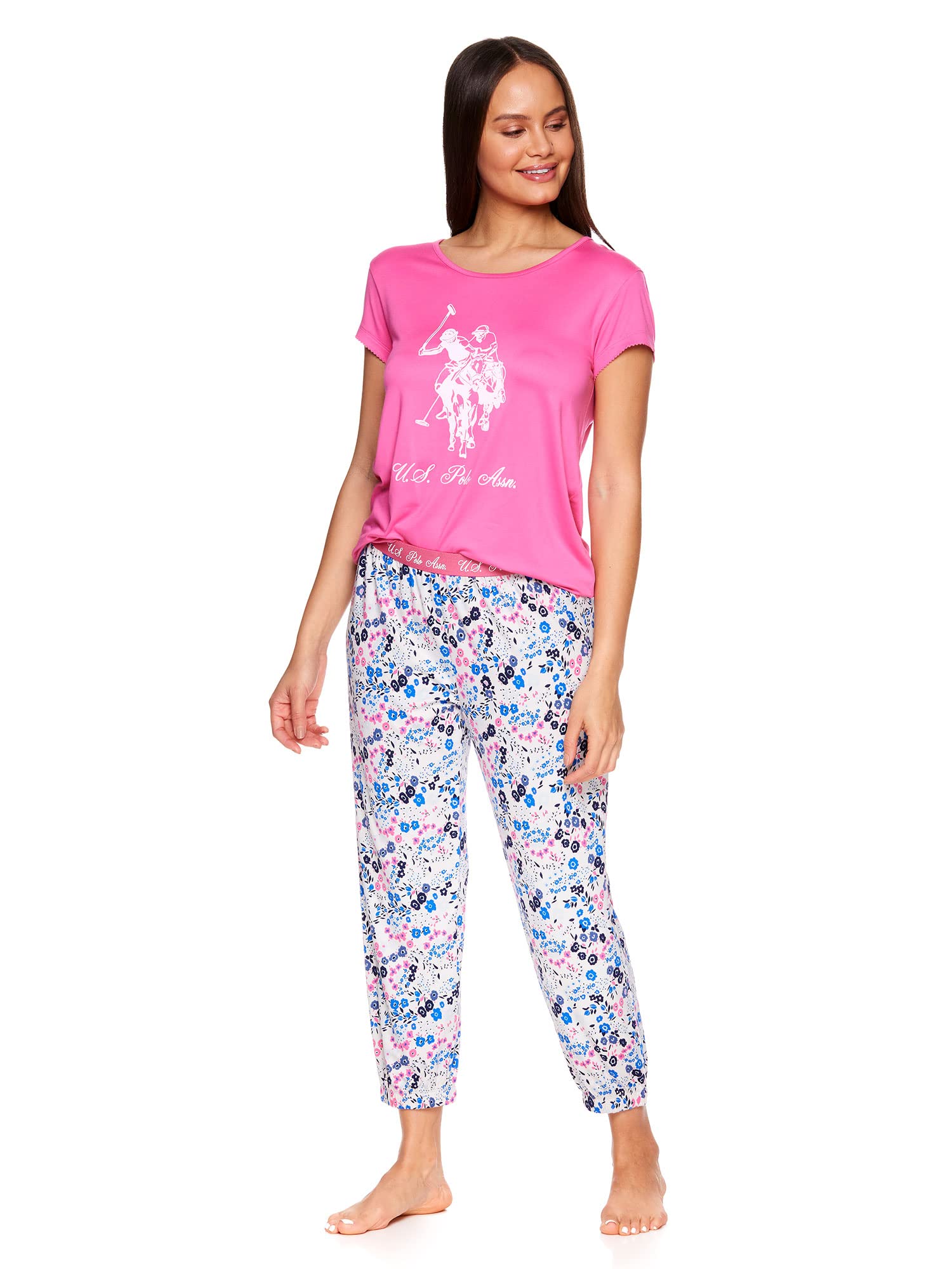 U.S. Polo Assn. Women's Pajama Sets - Soft Cotton Tee and Capri Pajama Pants Lounge Set for Women | Comfortable Sleepwear for Nighttime & Relaxing at Home