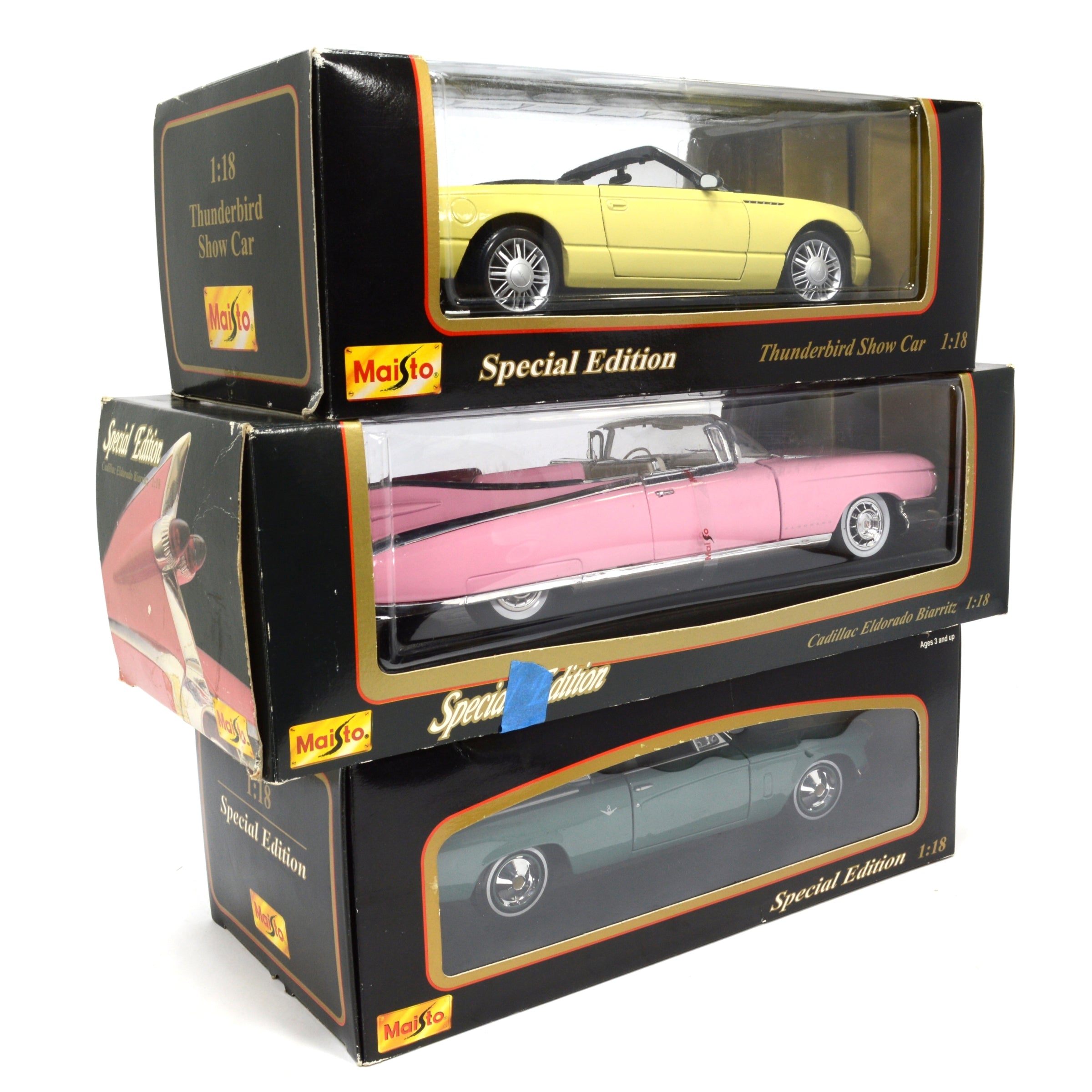3-Pack Maisto 1:18 Scale Diecast Model Cars - Pink Cadillac, Studebaker & Thunderbird - Collectible Display Models for Car Enthusiasts & Home Decor