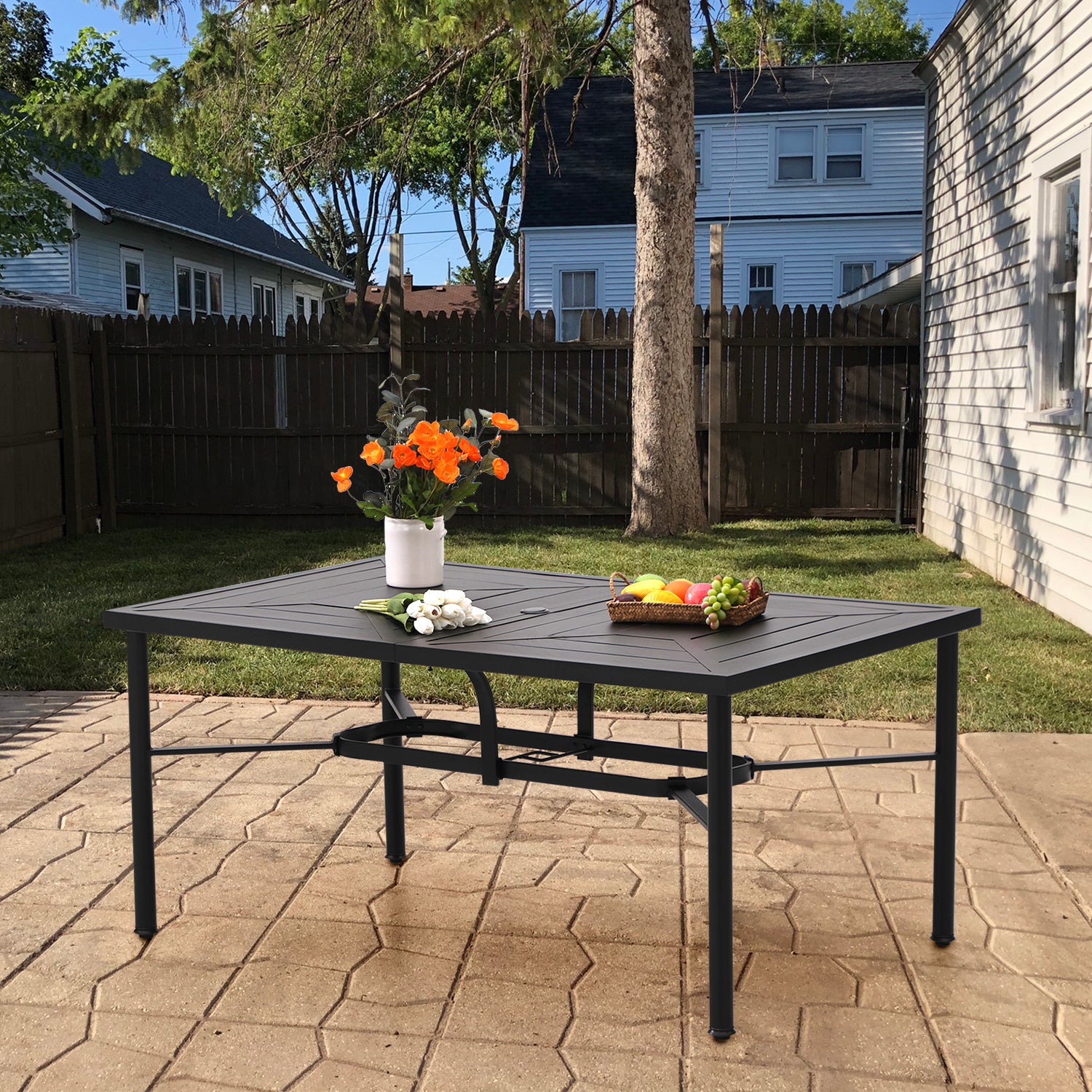 MFSTUDIO Modern Geometric Stamped Rectangle Steel Dining Table - Seats 6 People - Perfect for Family Dinners, Kitchen Dining Rooms & Small Space Apartments