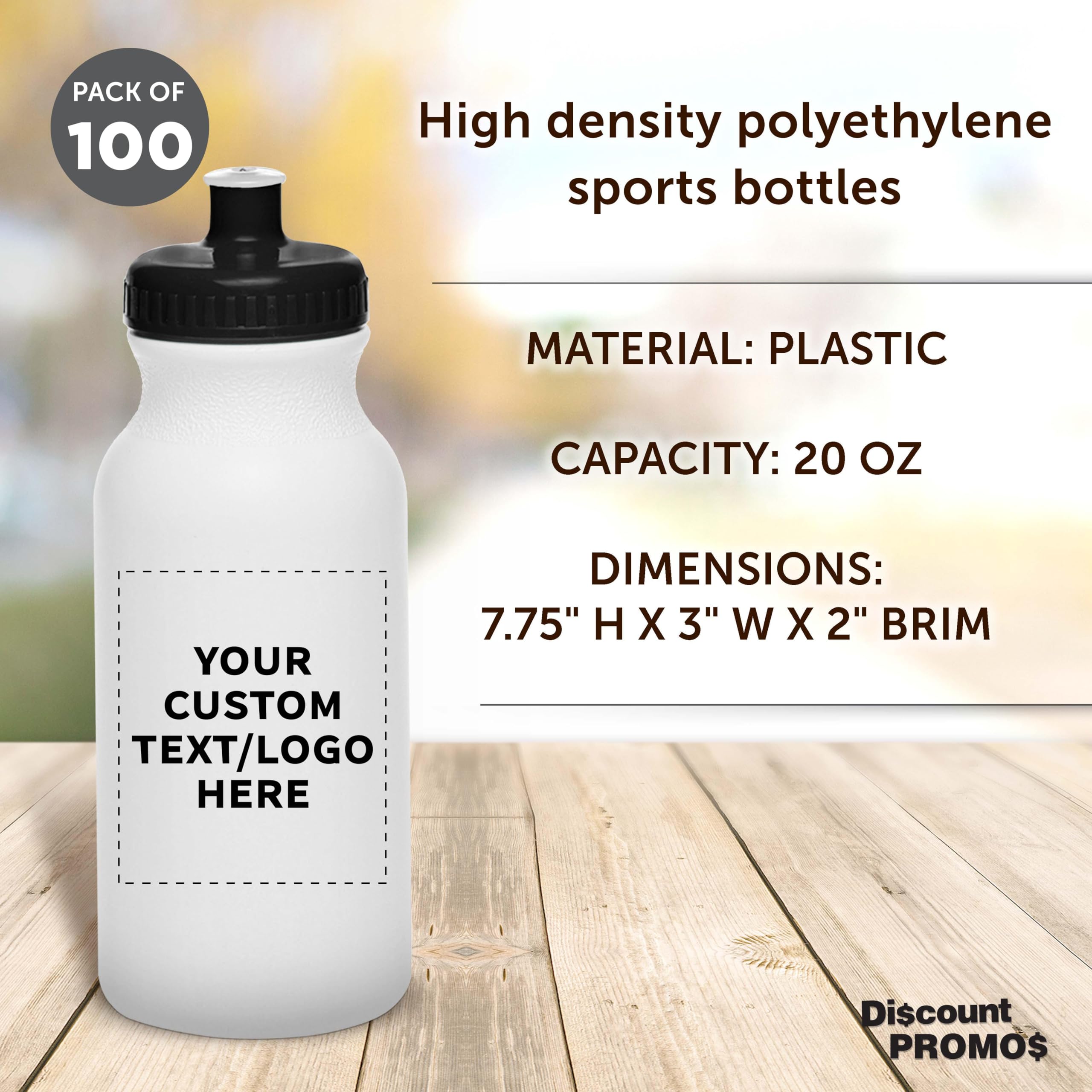 Custom White Water Bottles with Push Cap - 100 Pack, Personalized Text & Logo, 20 oz BPA-Free Reusable Squeezable Bottles in Bulk (White/Black) - Perfect for Promotions, Corporate Gifts & Sports Events