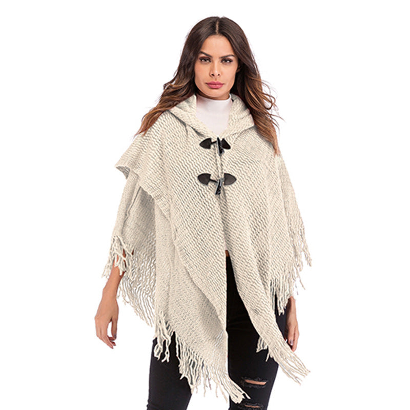 LOVEVOP 2025 Women's Knitted Hooded Shawl Jacket with Horn Buckle - Bat Sleeve Sweater for Autumn & Winter - Cozy Outerwear for Casual Outings, Office Wear & Holiday Fashion