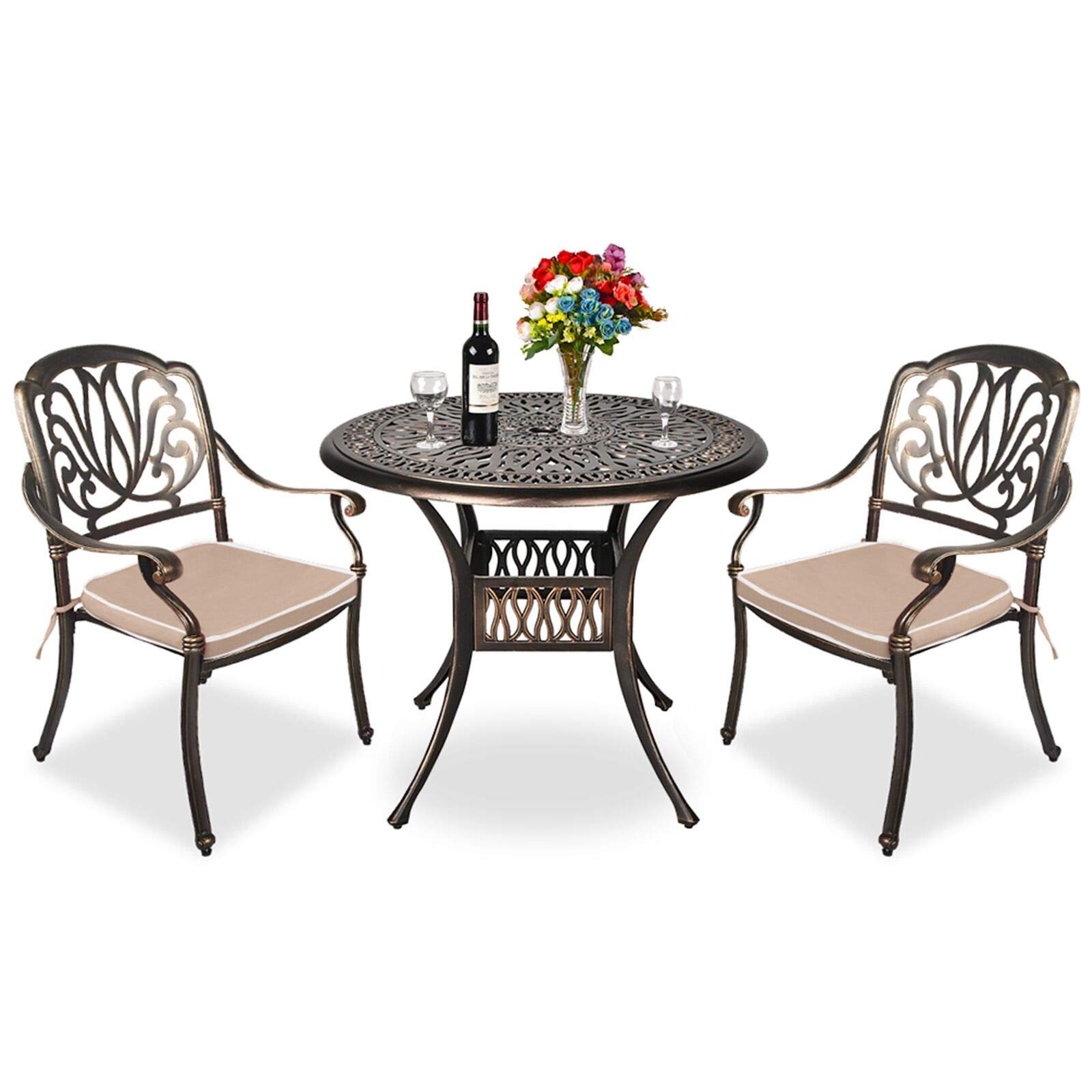TITIMO 3-Piece All-Weather Outdoor Patio Dining Set - Cast Aluminum Round Table & Chairs with Cushions & Umbrella Hole - Perfect for Garden, Deck, Backyard & Poolside Relaxation (Khaki)