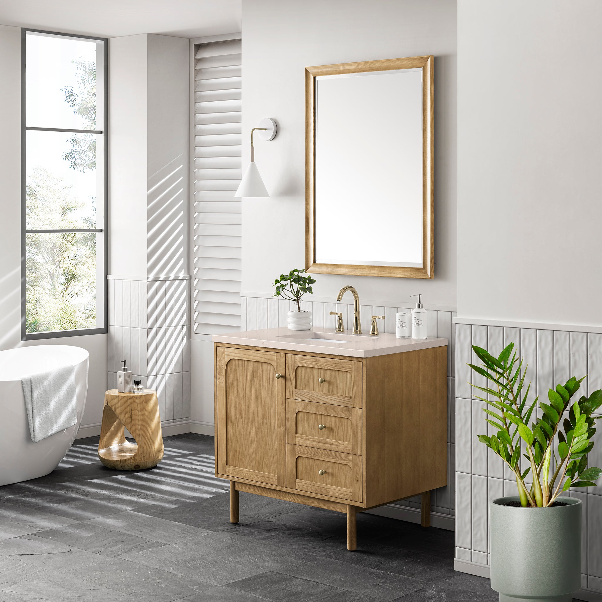 Laurent 36 Inch Single Bathroom Vanity with 3CM Eternal Marfil Top in Light Natural Oak - Perfect for Modern Bathroom Renovations and Small Space Designs