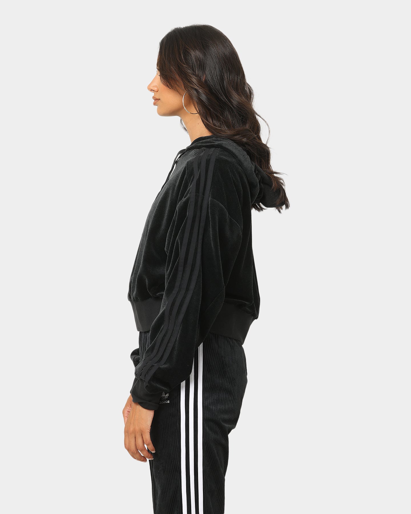 Adidas Women's Cropped Velour Hoodie - Soft & Cozy Pullover Sweatshirt for Casual Wear & Lounge Outfits | Black Melange Color