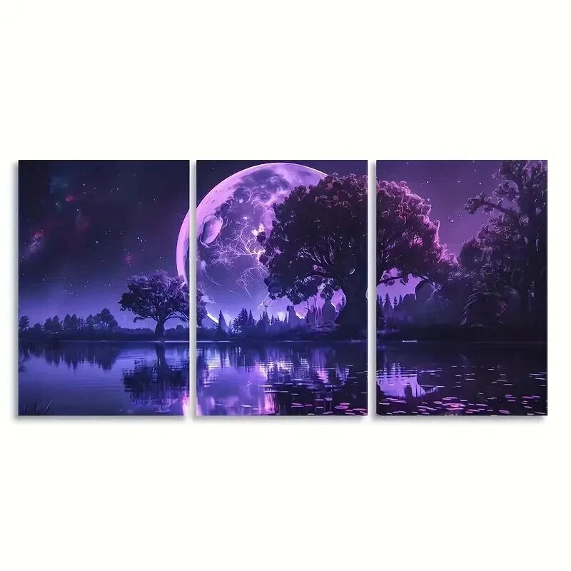 3-Piece Large Purple Moon Modern Metal Wall Art Prints - Ready to Hang Home Decor for Living Room, Bedroom & Office