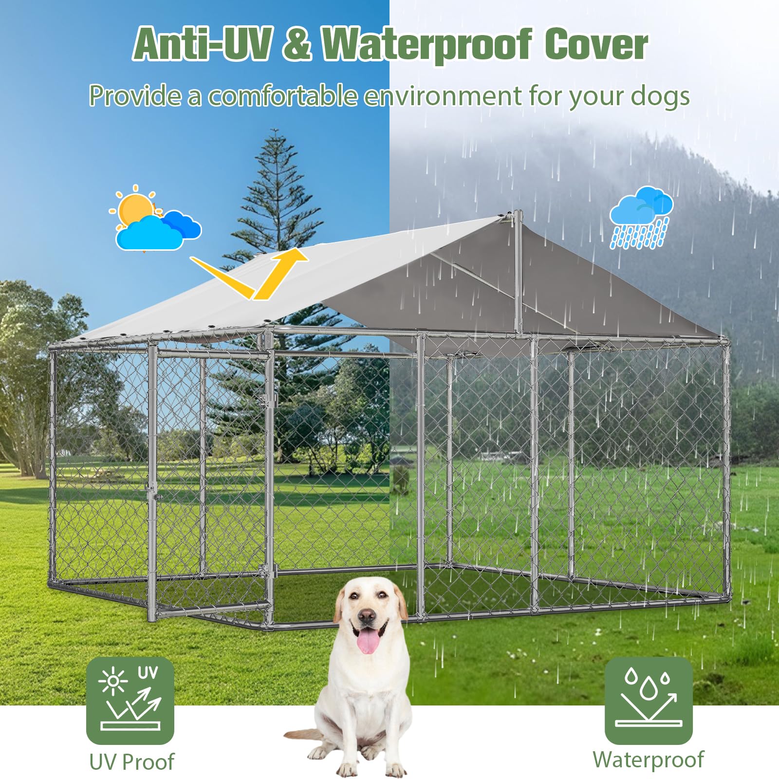 10×10FT Extra Large Heavy Duty Outdoor Dog Kennel with Roof Cover - Chain Link Dog House Cage Playpen with Lockable Door for Backyard - Perfect for Large Breed Dogs, Pet Safety & Outdoor Playtime
