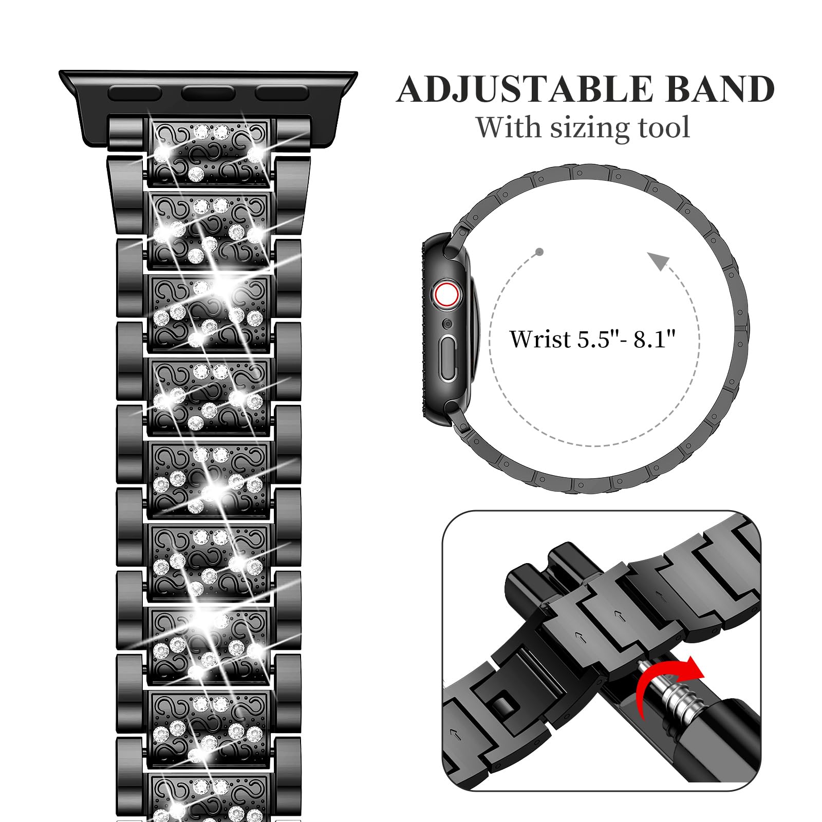 SUPOIX Luxury Bling Diamond Metal Band & 2-Pack Protective Case for Apple Watch Series 9/8/7 41mm - Elegant Jewelry Watch Accessory for Women, Perfect for Daily Wear, Work & Special Occasions (Black)