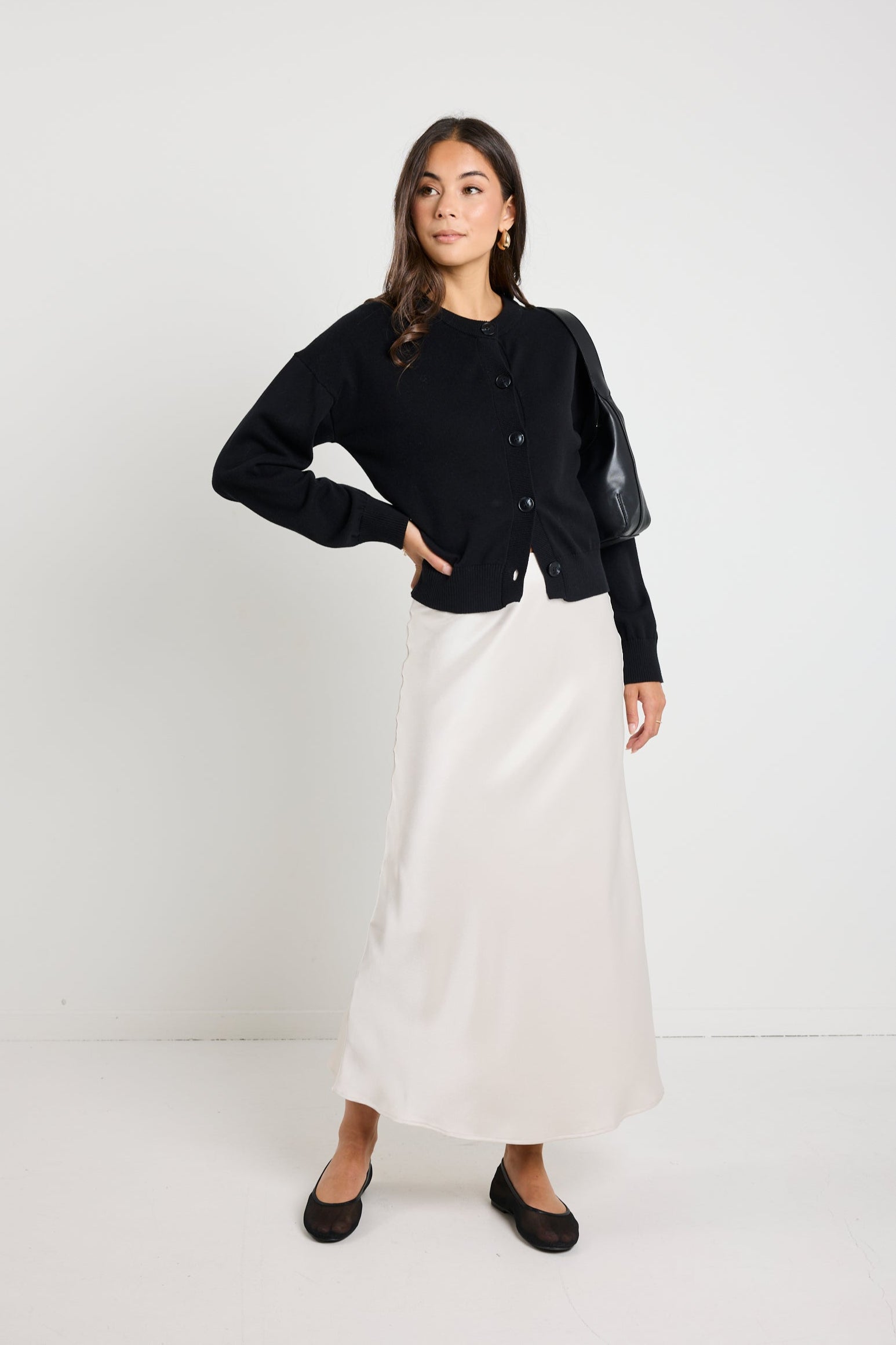 Rosette Pearl Satin Bias Midi Skirt - Elegant Women's A-Line Skirt for Party, Wedding & Formal Occasions