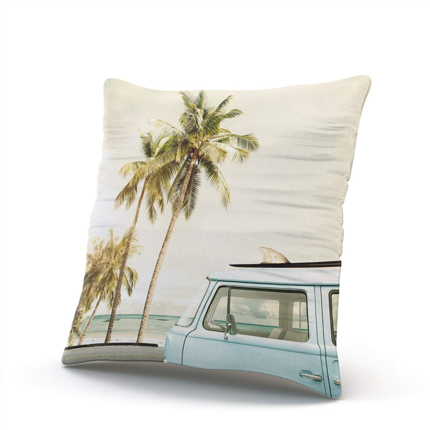 Tropical Beach Surfboard Car Throw Pillow Cover - 18x18 Inch Double-Sided Printed Square Decorative Pillow Case with Hidden Zipper | Perfect for Living Room, Bedroom & Coastal Home Decor