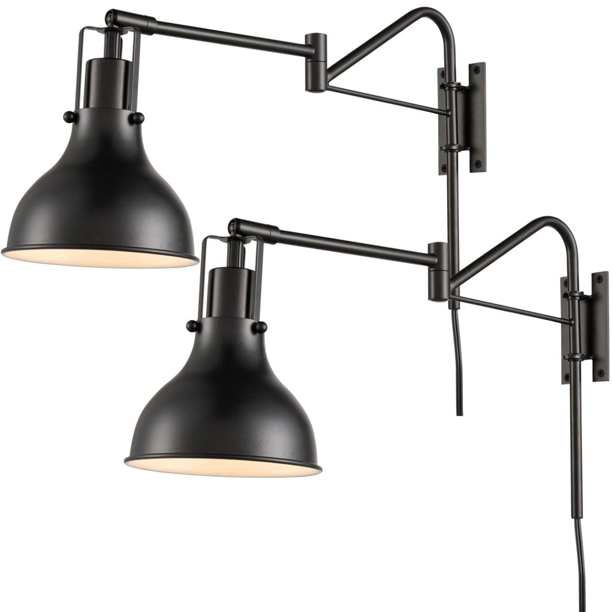 Plug-in Wall Sconces Set of 2 - Black Swing Arm Wall Lights with Cord for Bedroom, Living Room & Hallway - Adjustable Plug-in Wall Lamps for Reading & Decor