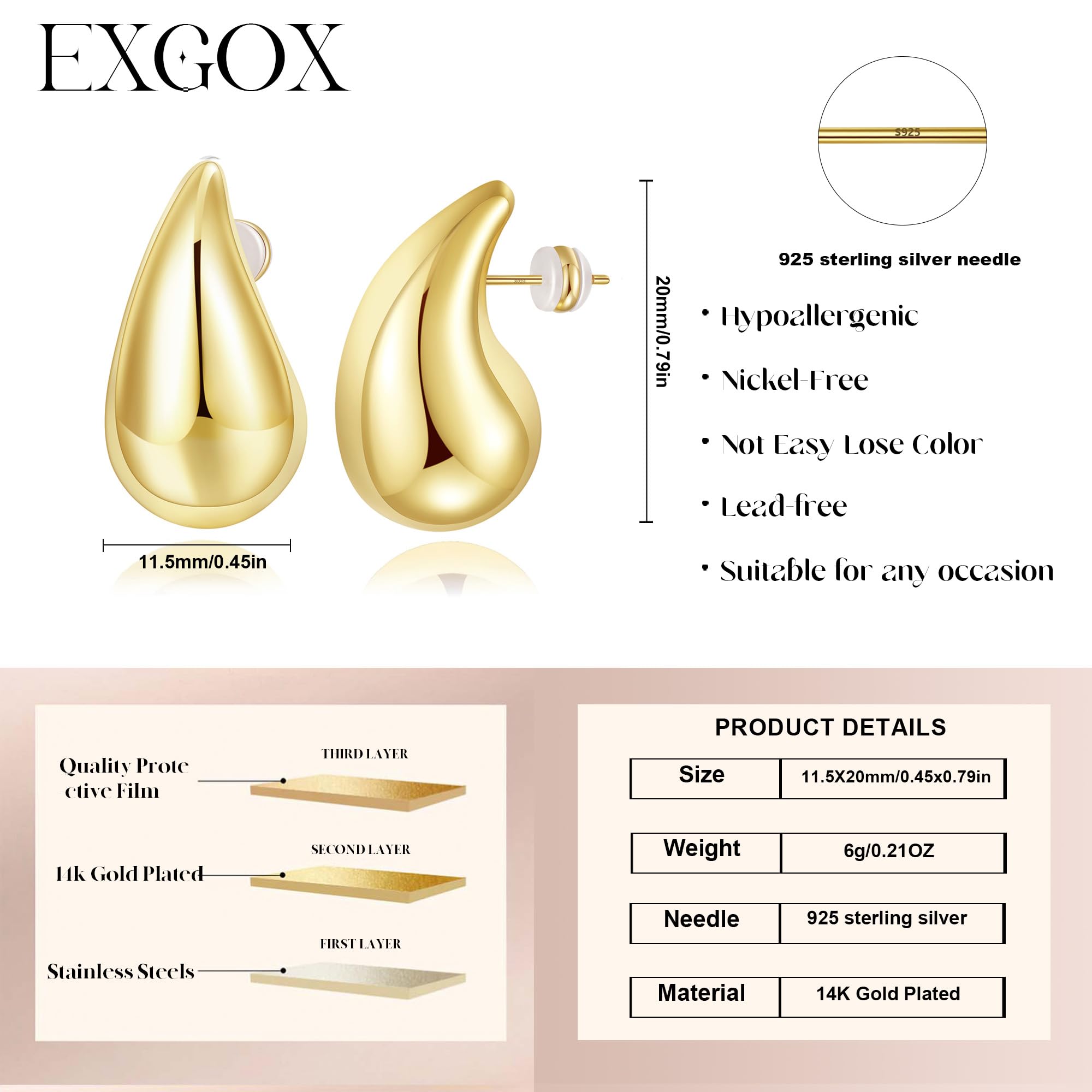 EXGOX Chunky Gold Hoop Earrings for Women - Lightweight Hypoallergenic Gold Plated Teardrop Drop Earrings - Thick Statement Jewelry Gift for Her - Perfect for Parties, Weddings & Everyday Wear