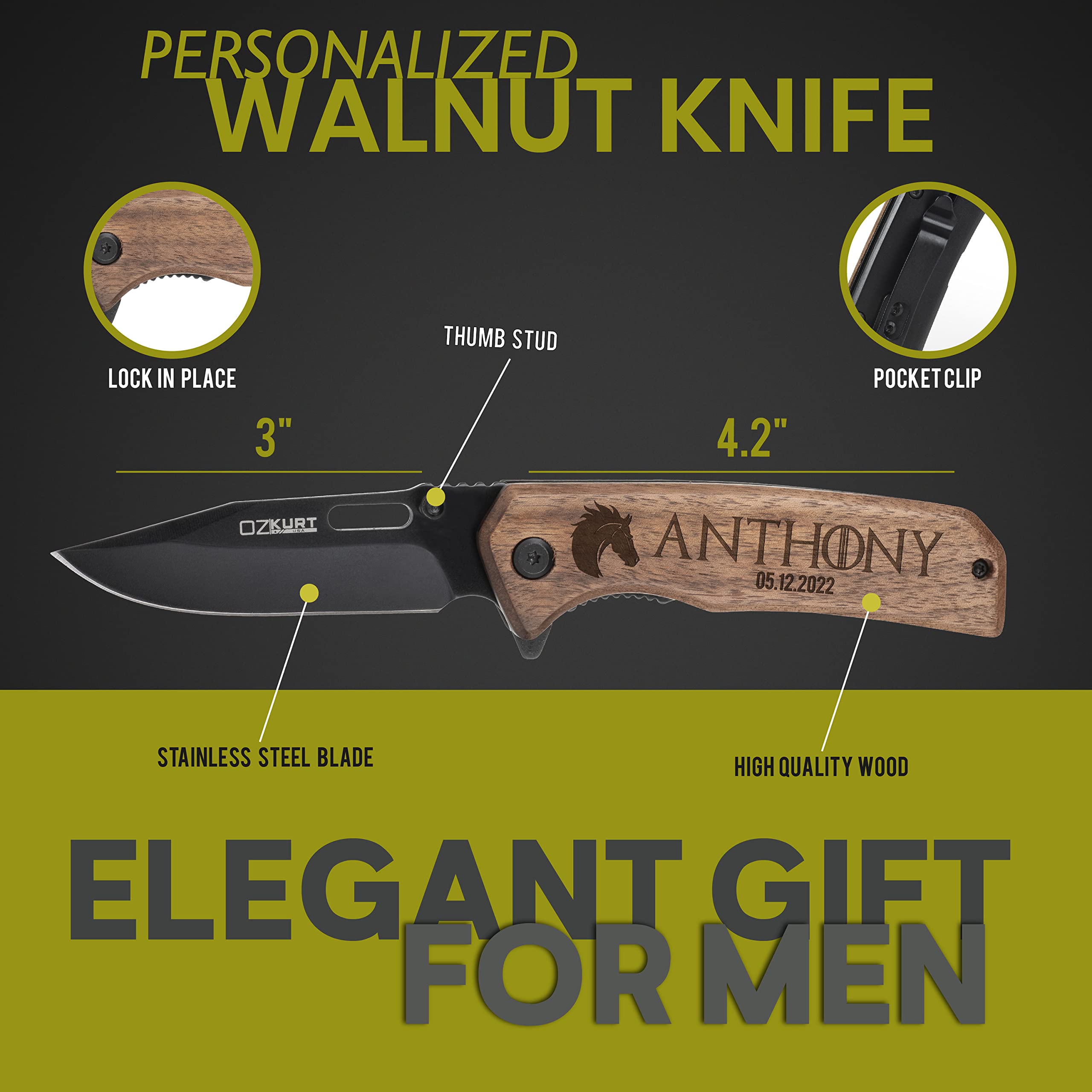 Custom Engraved Pocket Knife with Walnut Wood Handle - 36 Icon Designs & 13 Font Styles - Personalized Gift for Men, Dad, Husband - Perfect for Camping, Hiking, Outdoor Adventures & Everyday Carry (EDC)