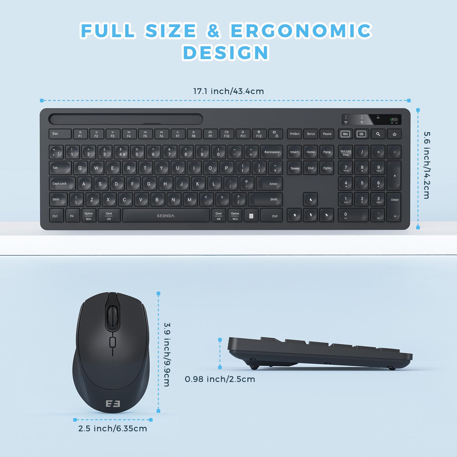 Wireless Keyboard Mouse Set with USB A/C for Macbook, PC, Laptop - Home & Office Use