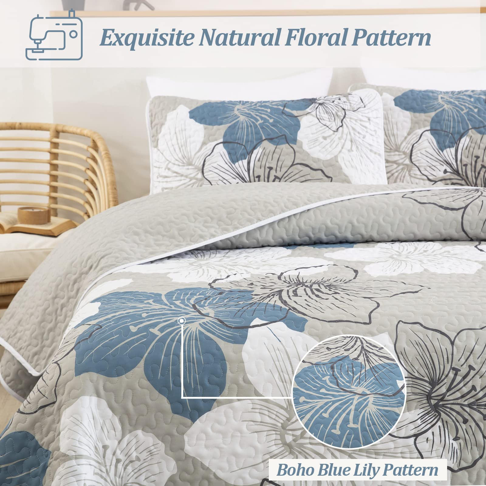 3-Piece California King Quilt Set - Blue Floral Boho Bedspread with 2 Pillow Shams, Lightweight Summer Quilt Coverlet for Adults & Teens, 106