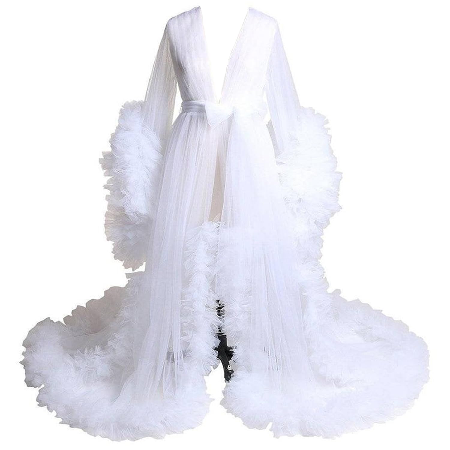 Elegant Long Tulle Bridal Robe with Open Front & Ruffle Details - Lingerie Nightgown for Wedding, Maternity Photoshoot & Special Occasions