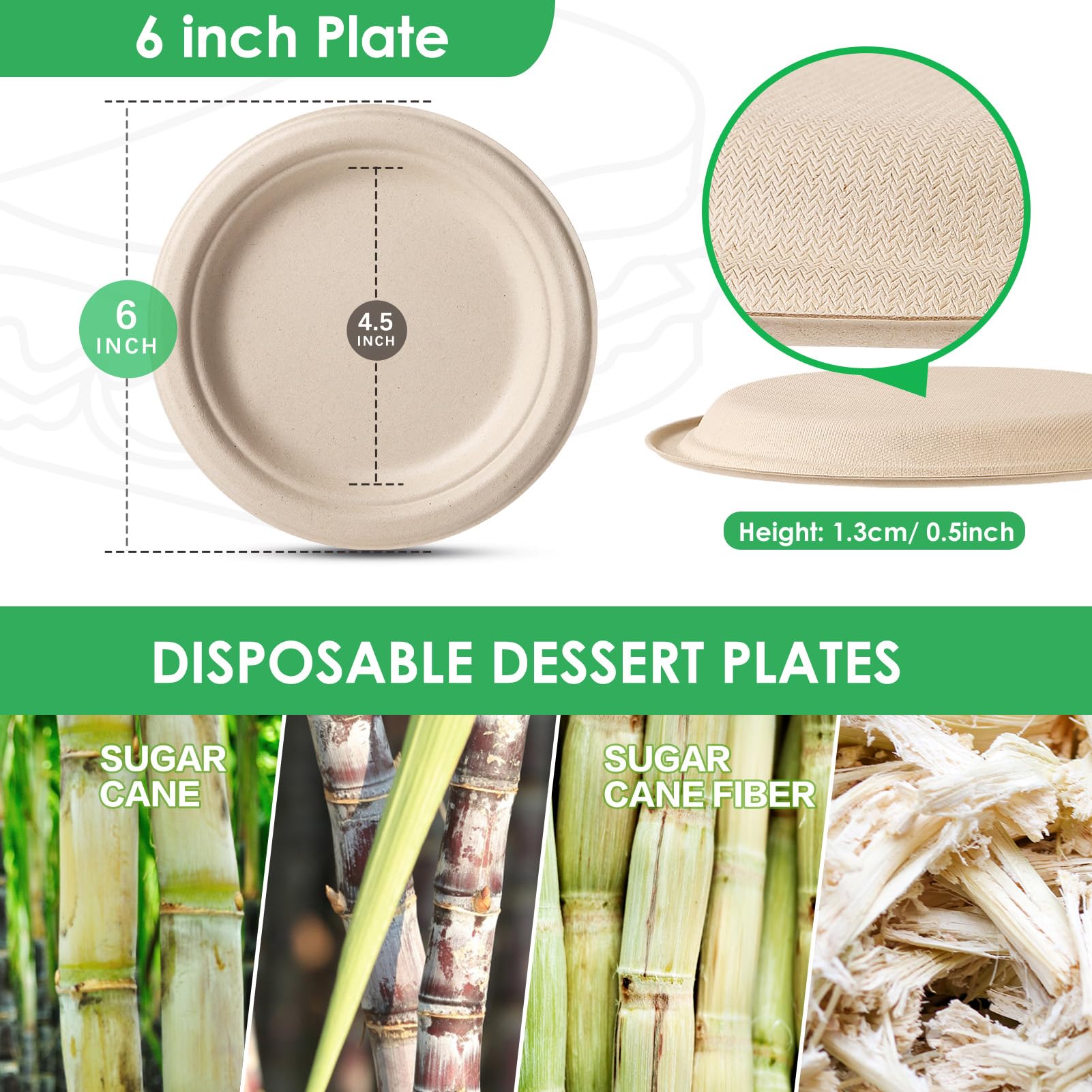 Eco-Friendly 6 Inch Compostable Paper Plates - 125 Pack Heavy-Duty Disposable Plates Made from Sugarcane Fiber - Perfect for Parties, Picnics & Dessert Serving